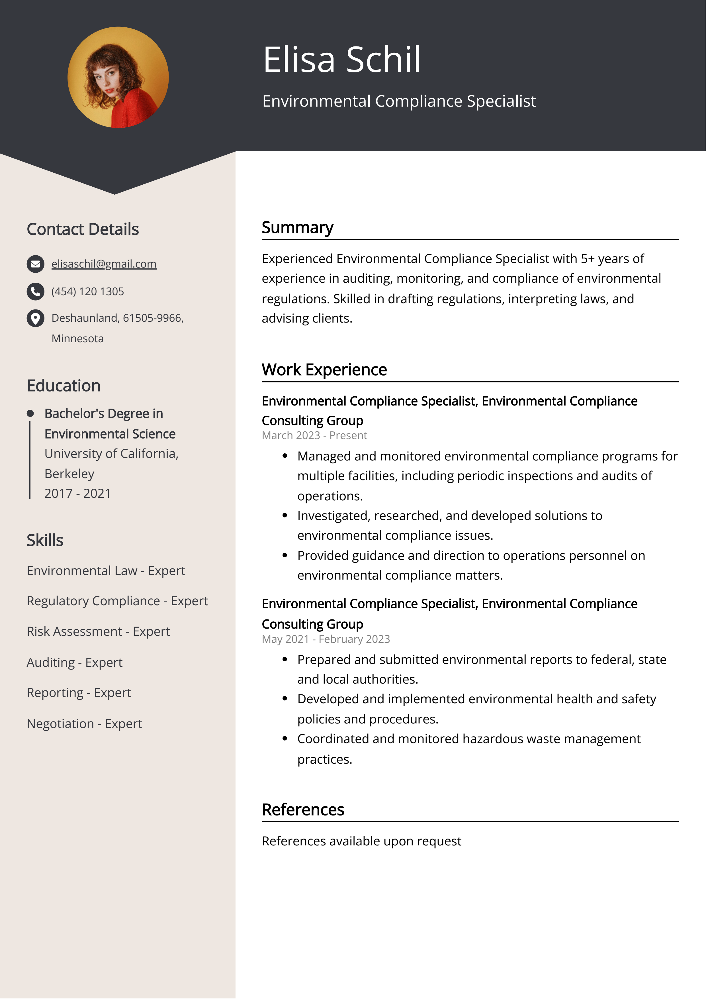 Environmental Compliance Specialist Resume Example