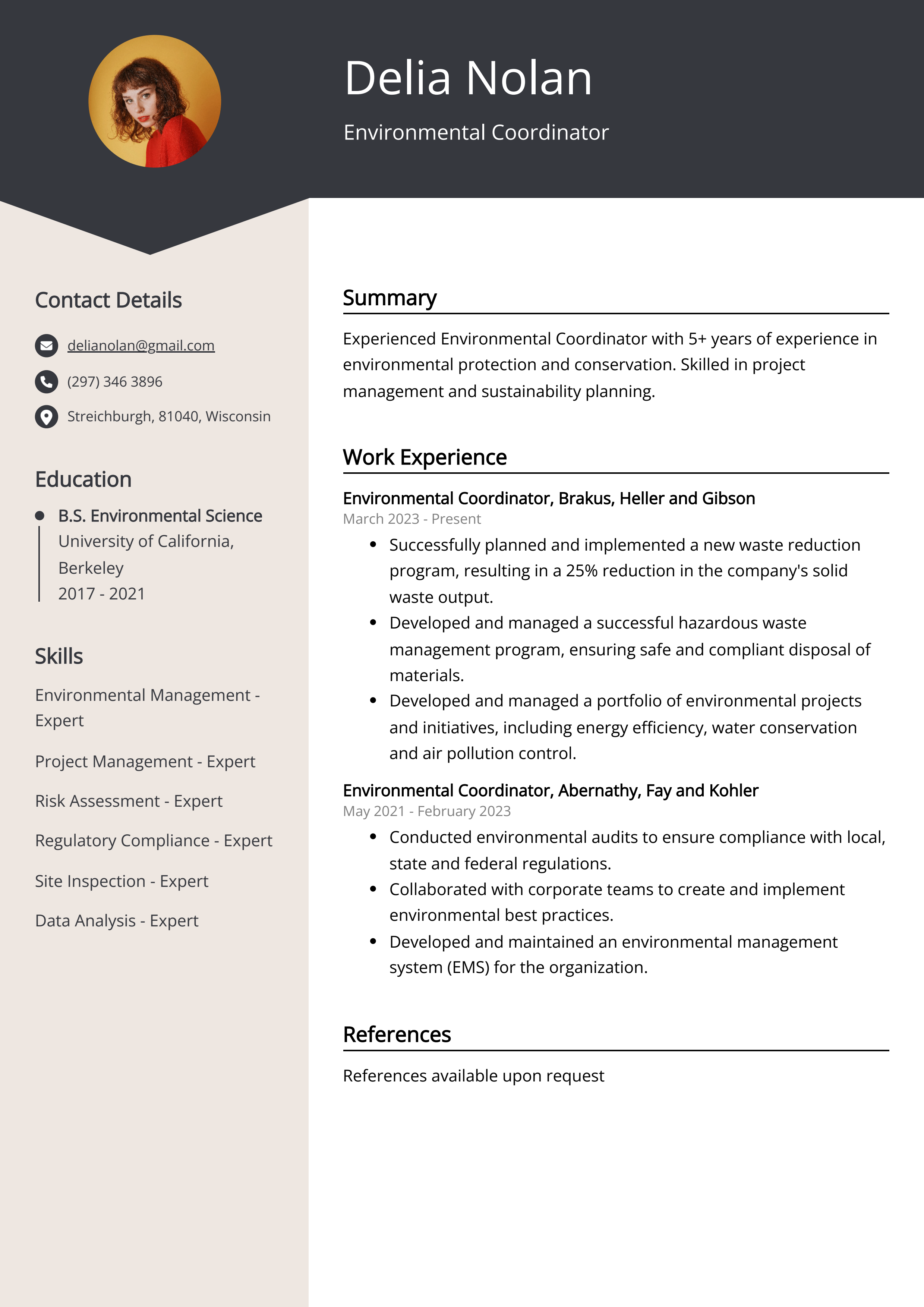 Environmental Coordinator Resume Example