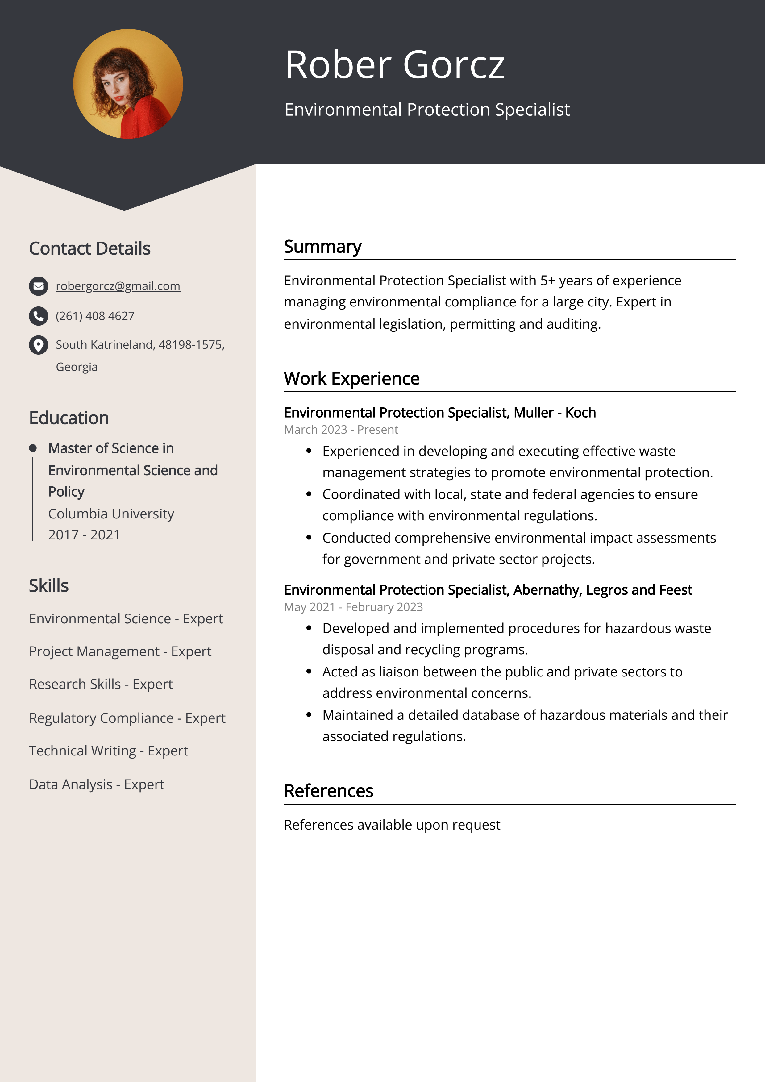 Environmental Protection Specialist Resume Example