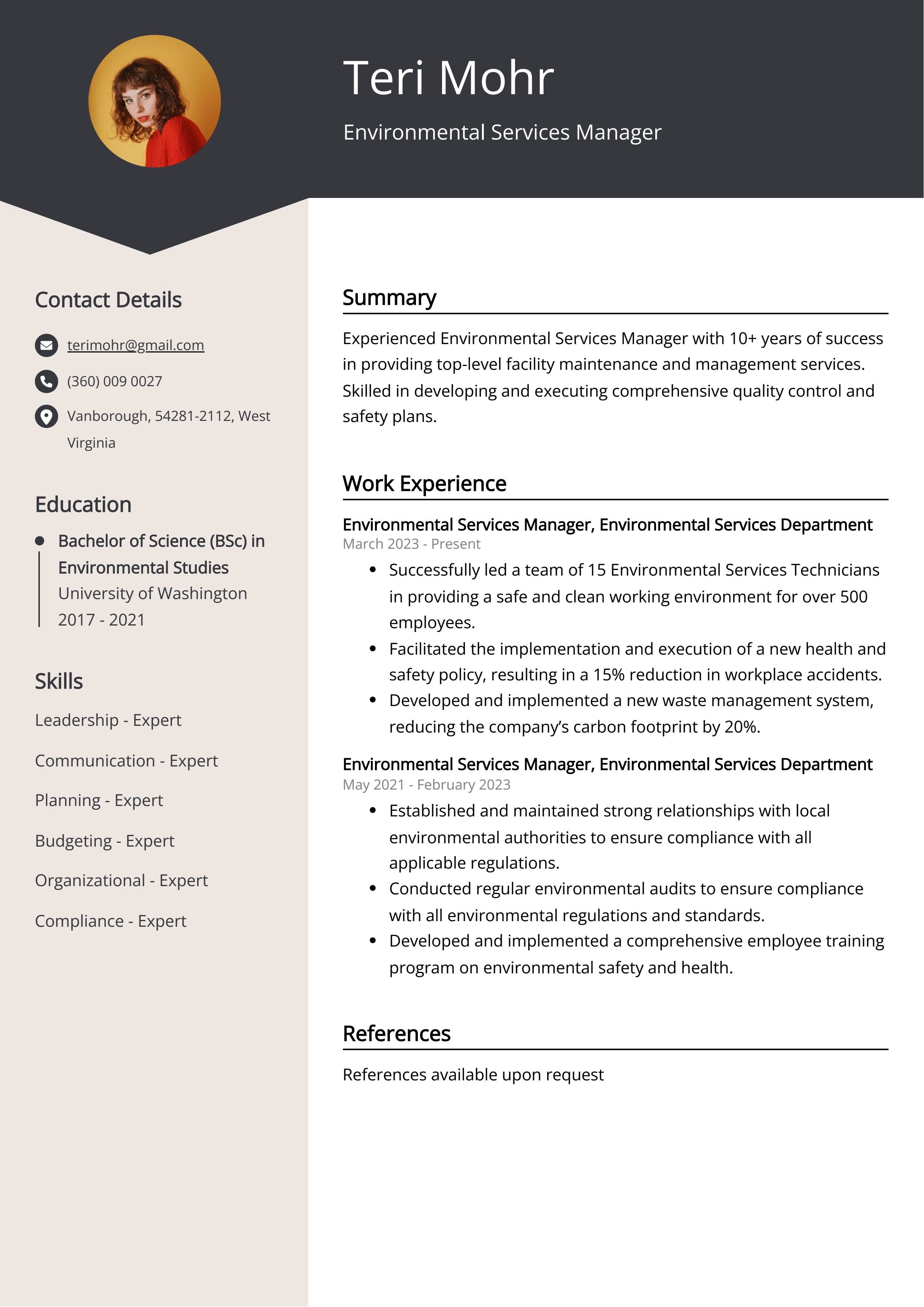 Environmental Services Manager Resume Example