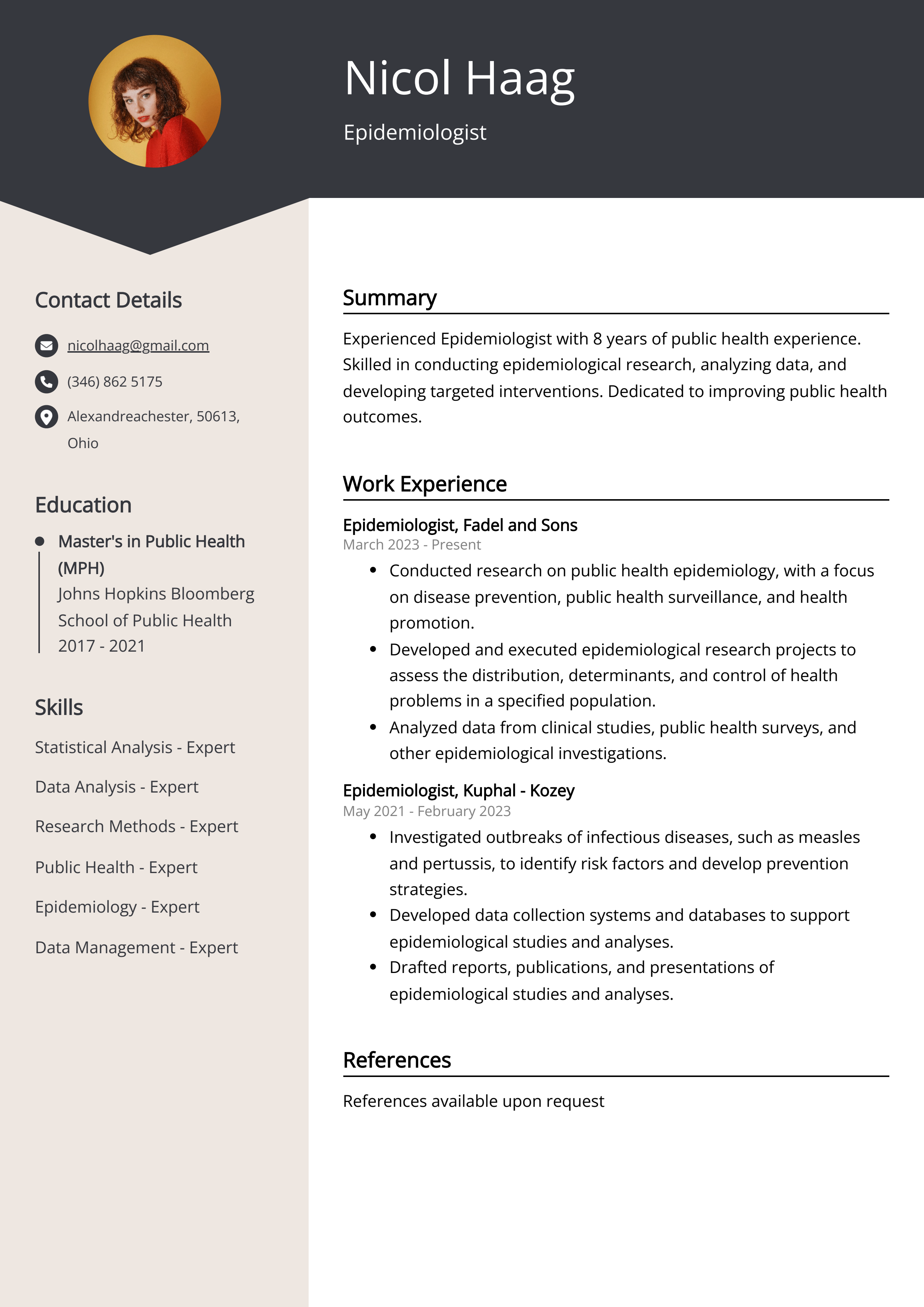 Epidemiologist Resume Example