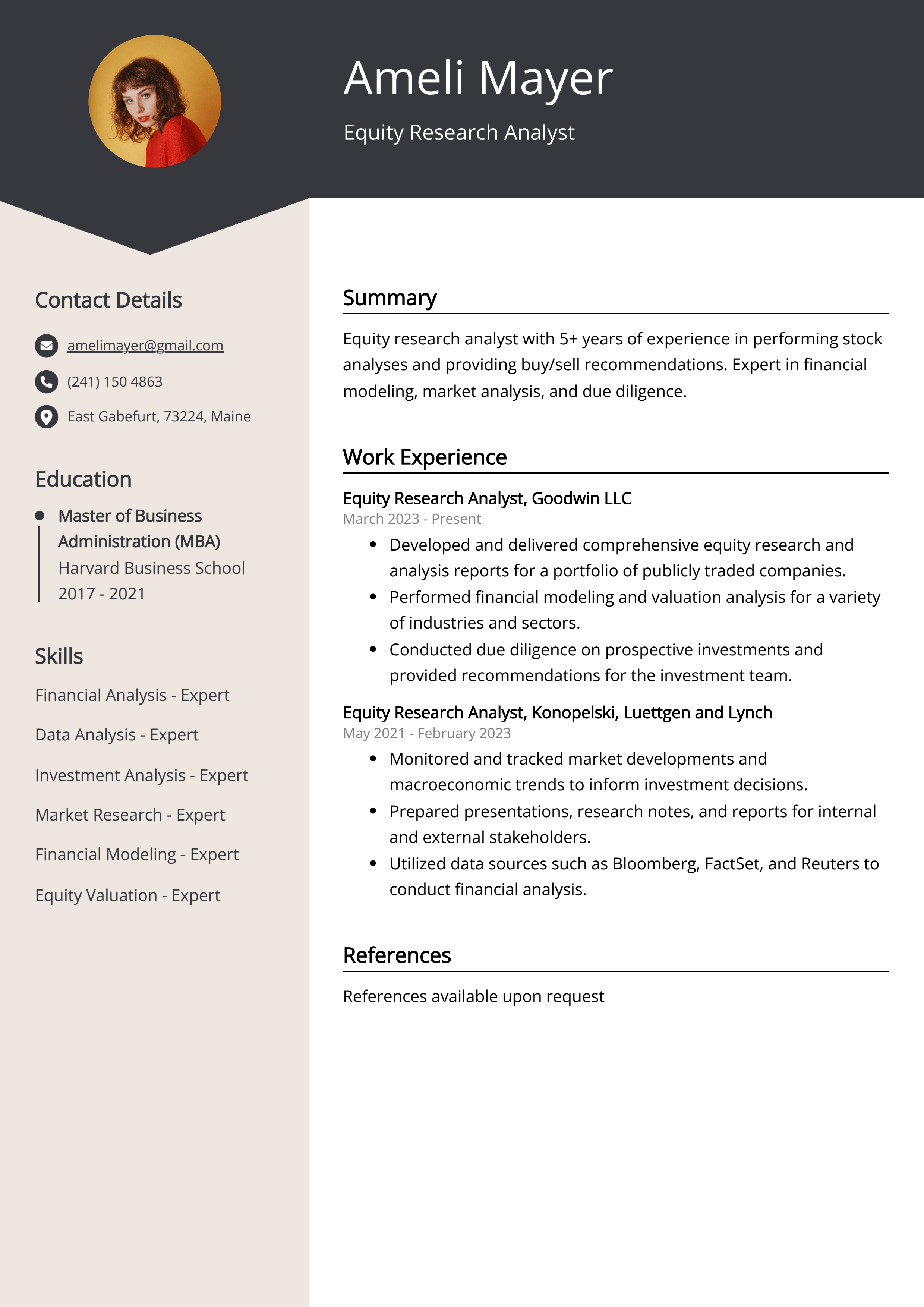 Equity Research Analyst Resume Example