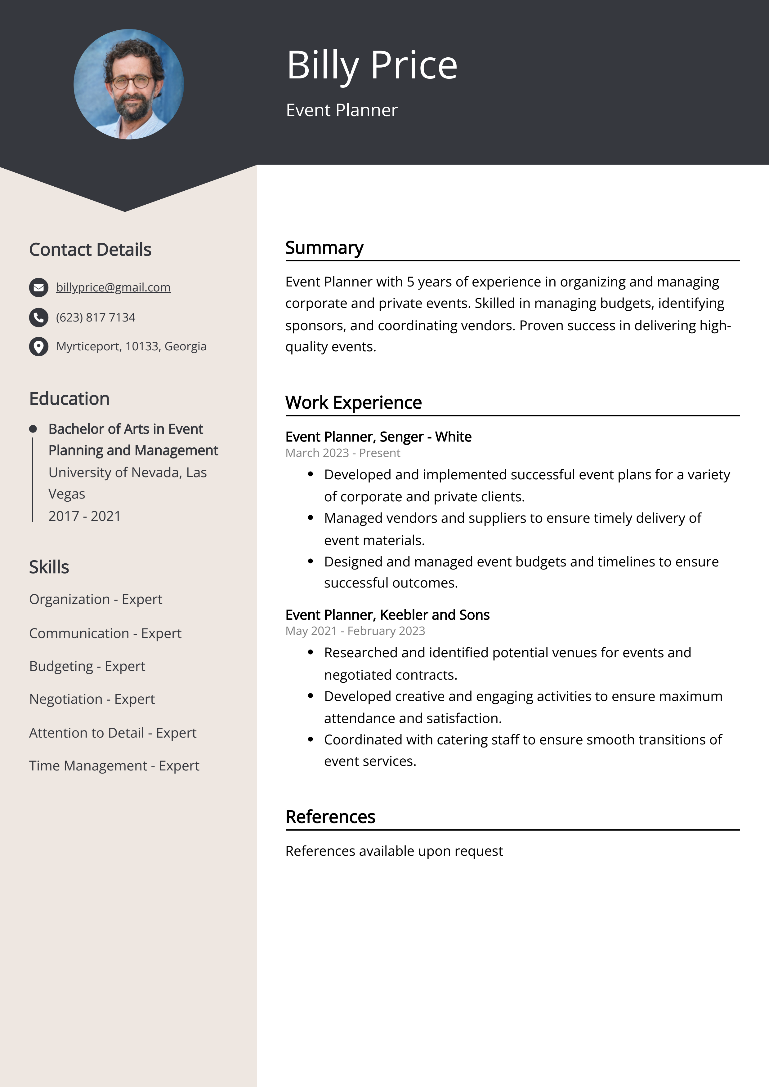 Experienced Event Planner Resume Example