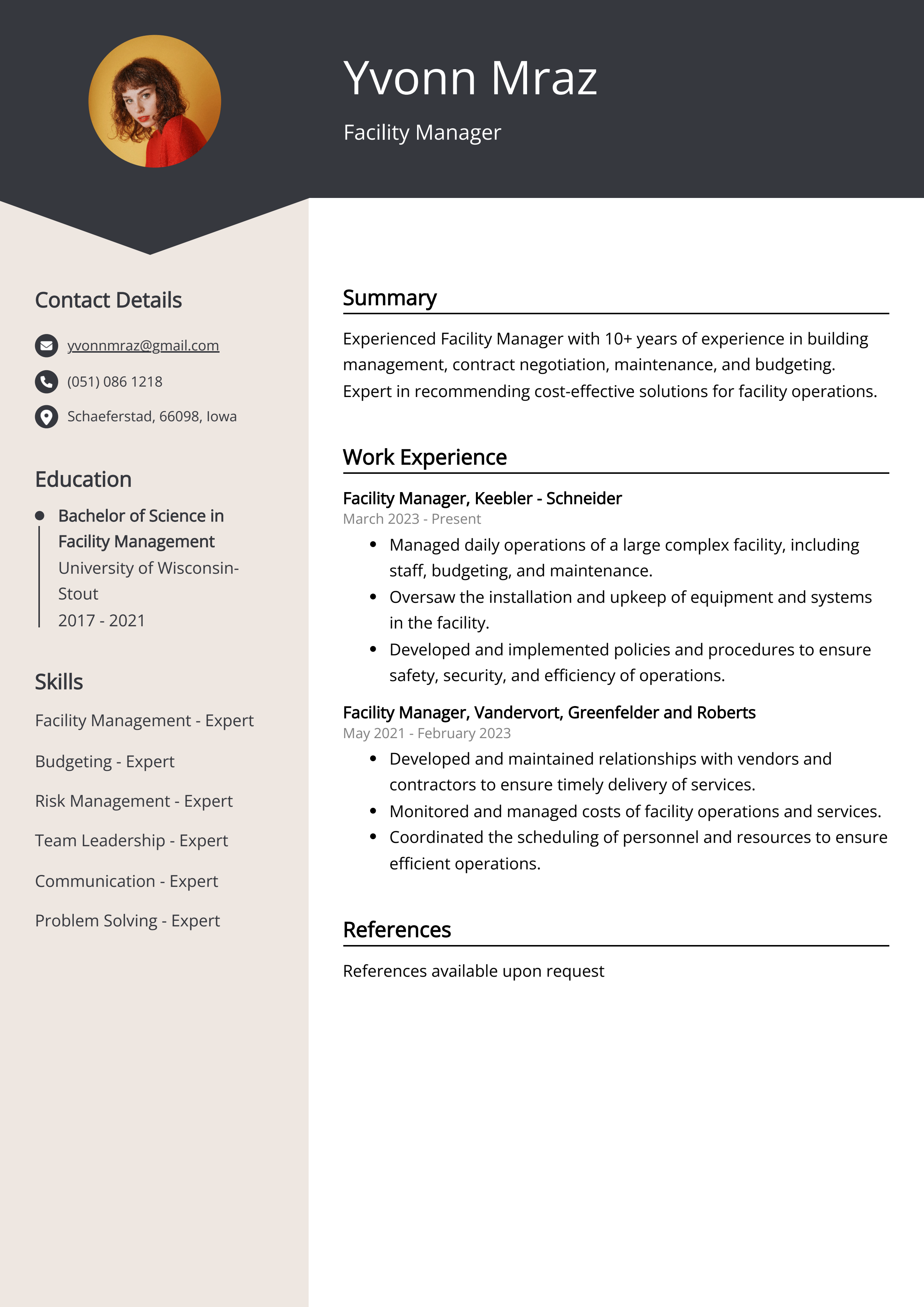 Facility Manager Resume Example