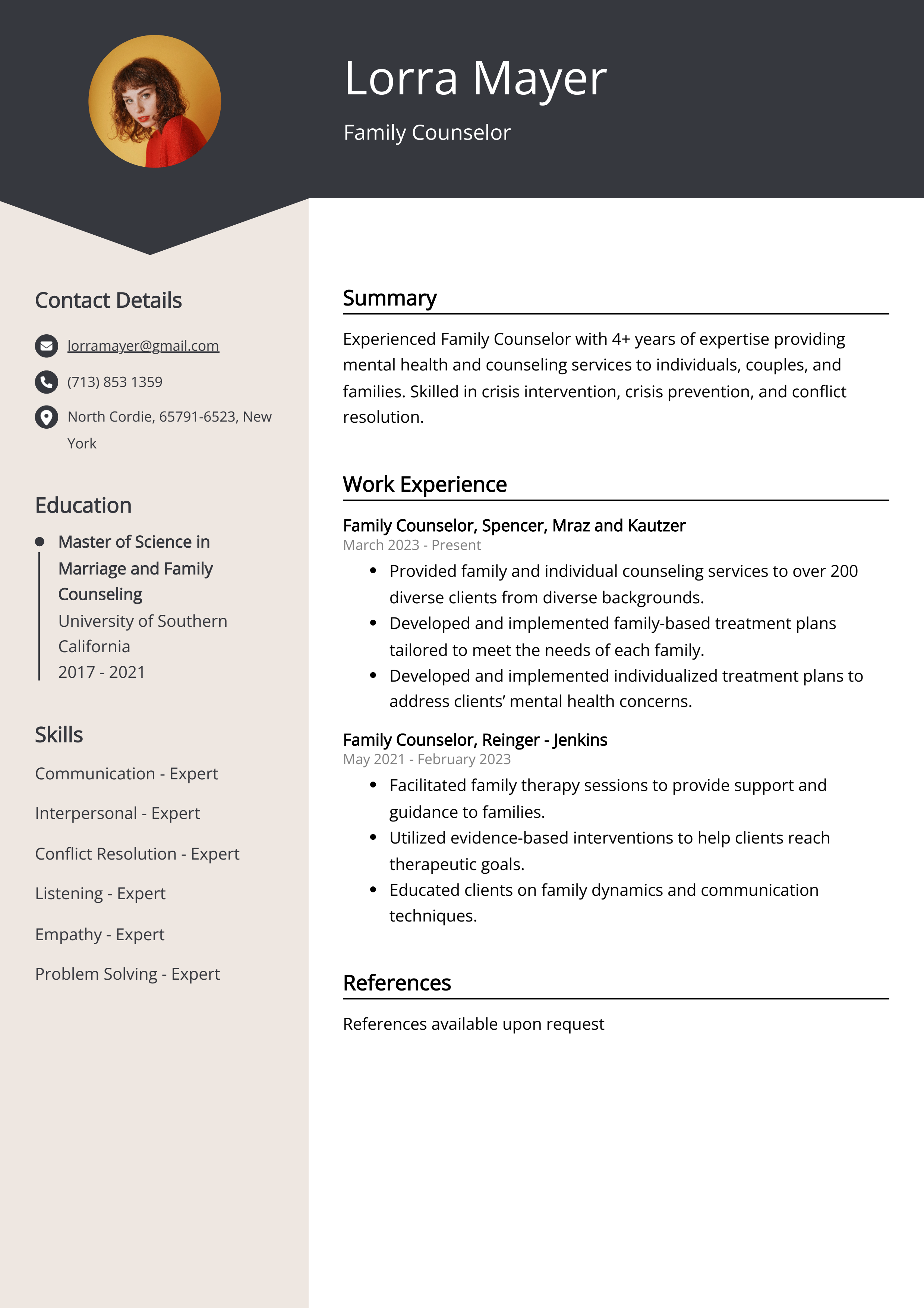 Family Counselor Resume Example