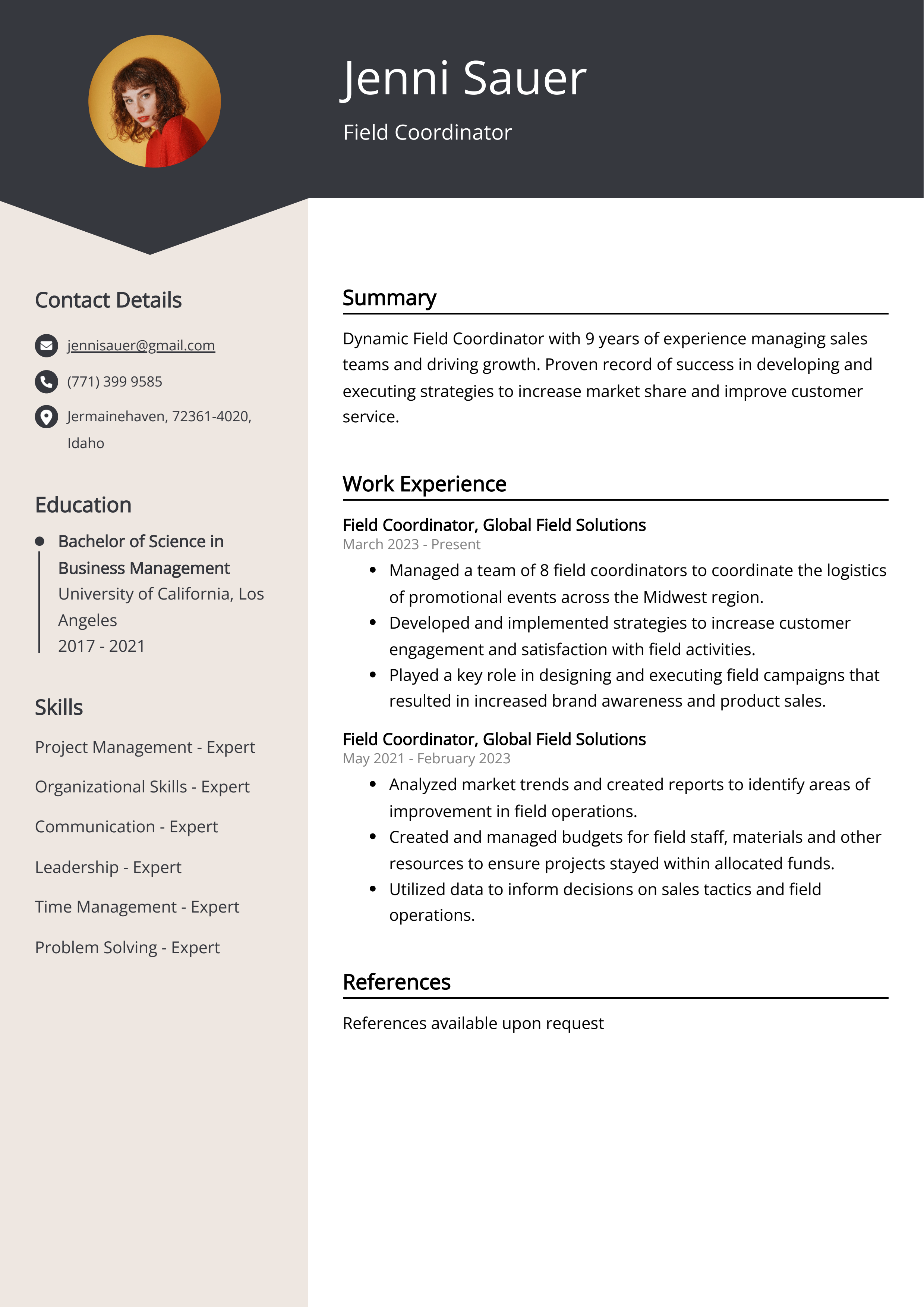 Field Coordinator Resume Example