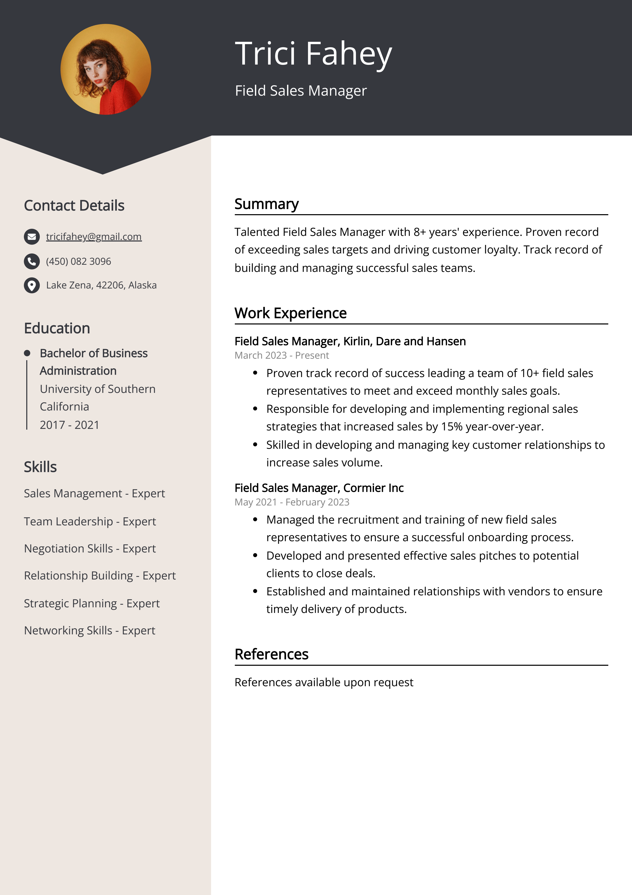 Field Sales Manager Resume Example