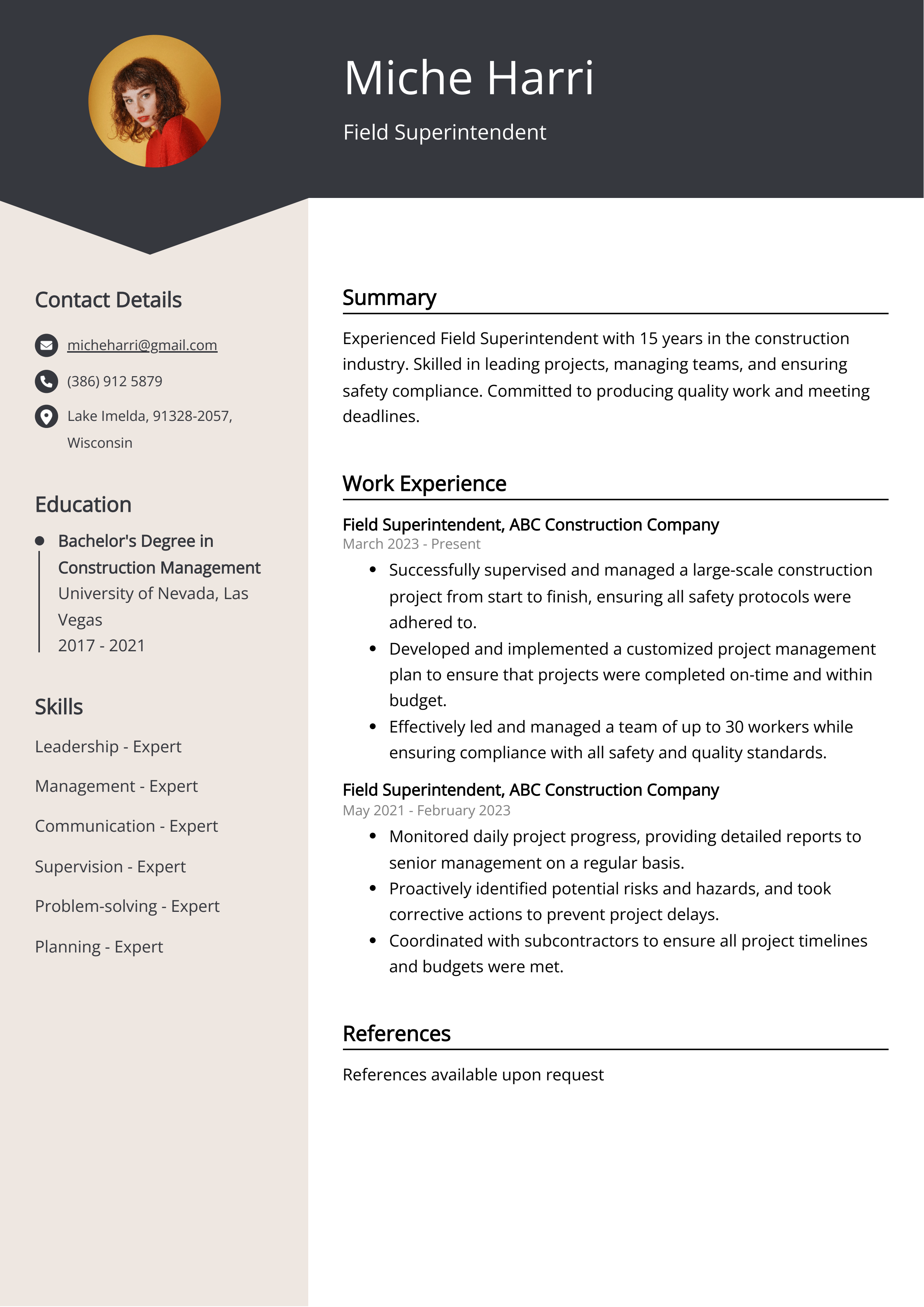 Field Superintendent Resume Example