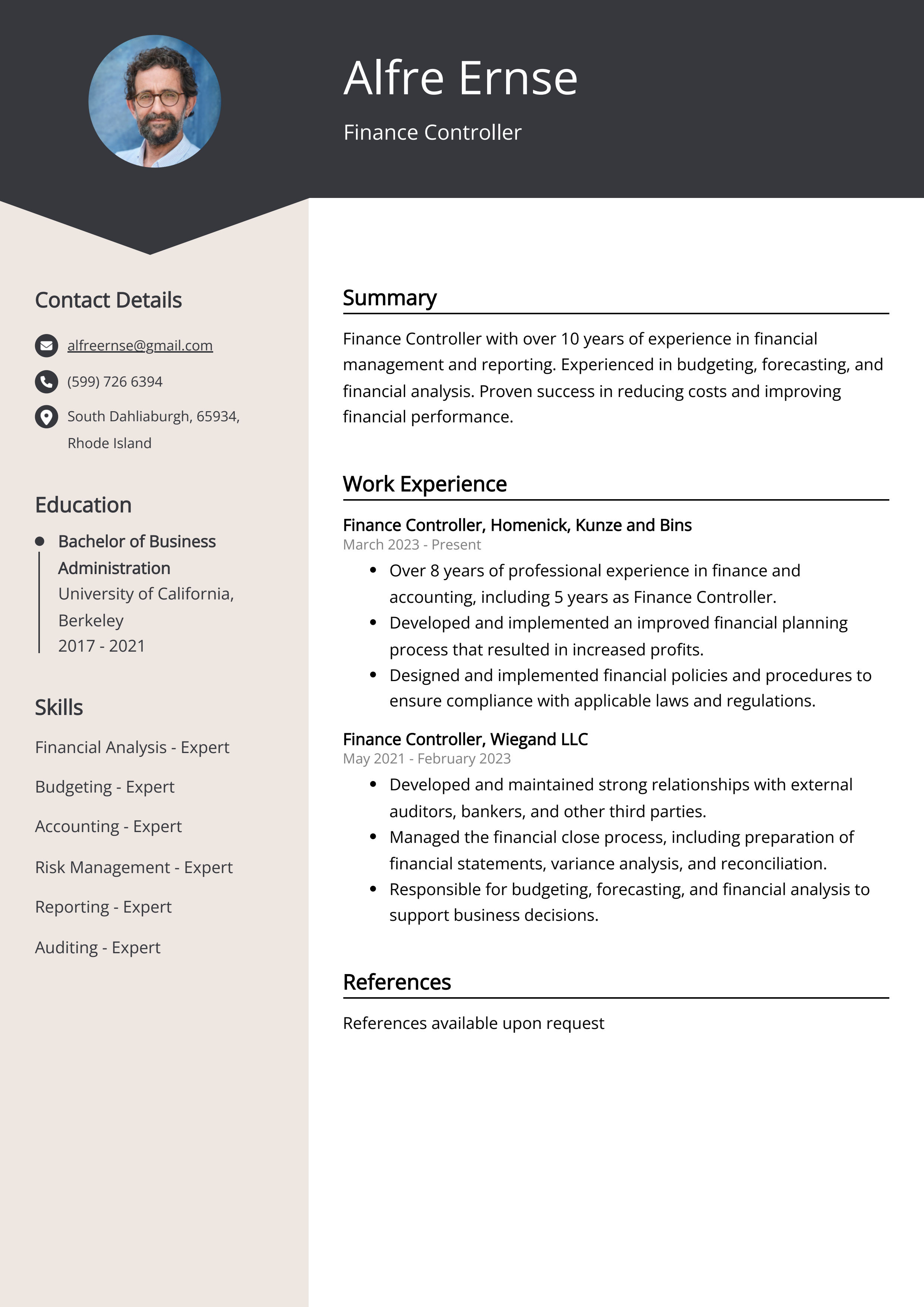 Finance Controller Resume Example