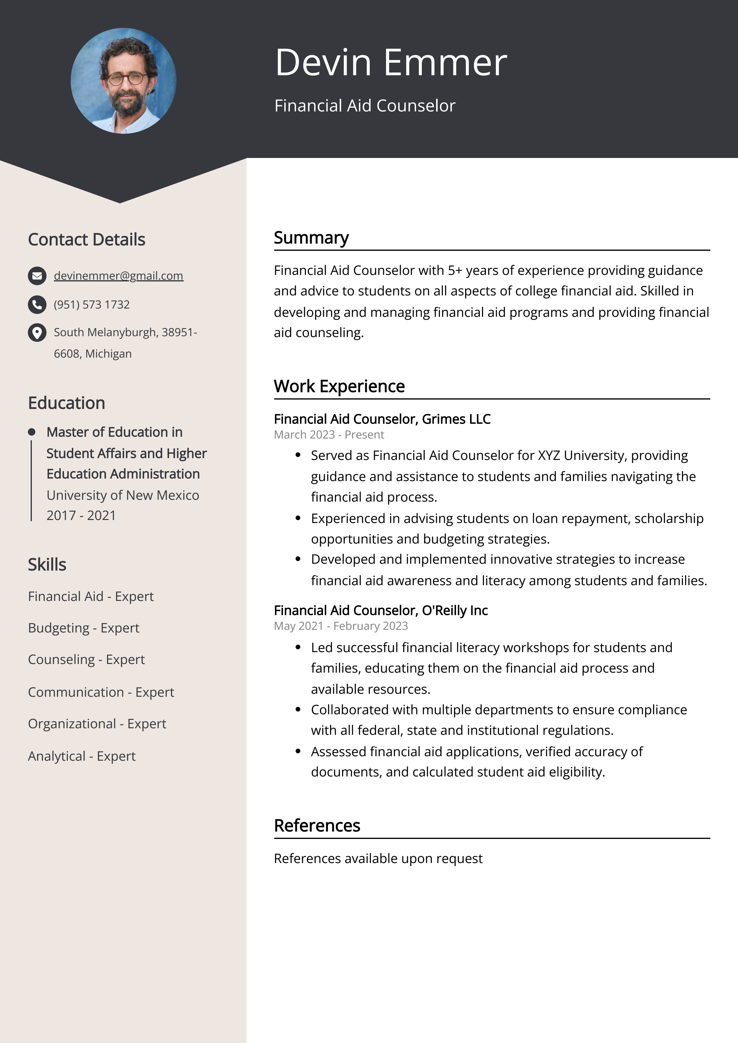 Financial Aid Counselor Resume Example