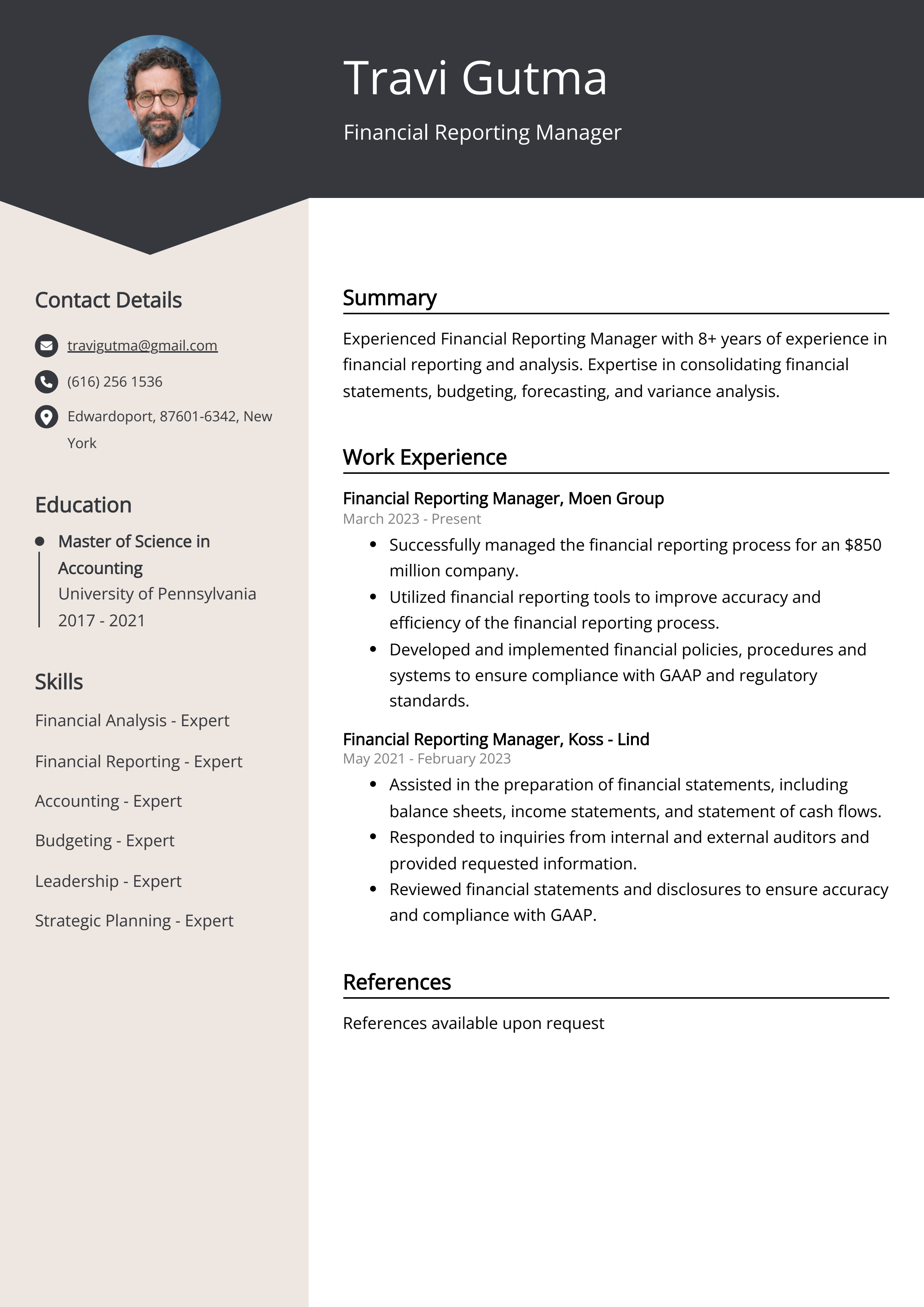 Financial Reporting Manager Resume Example