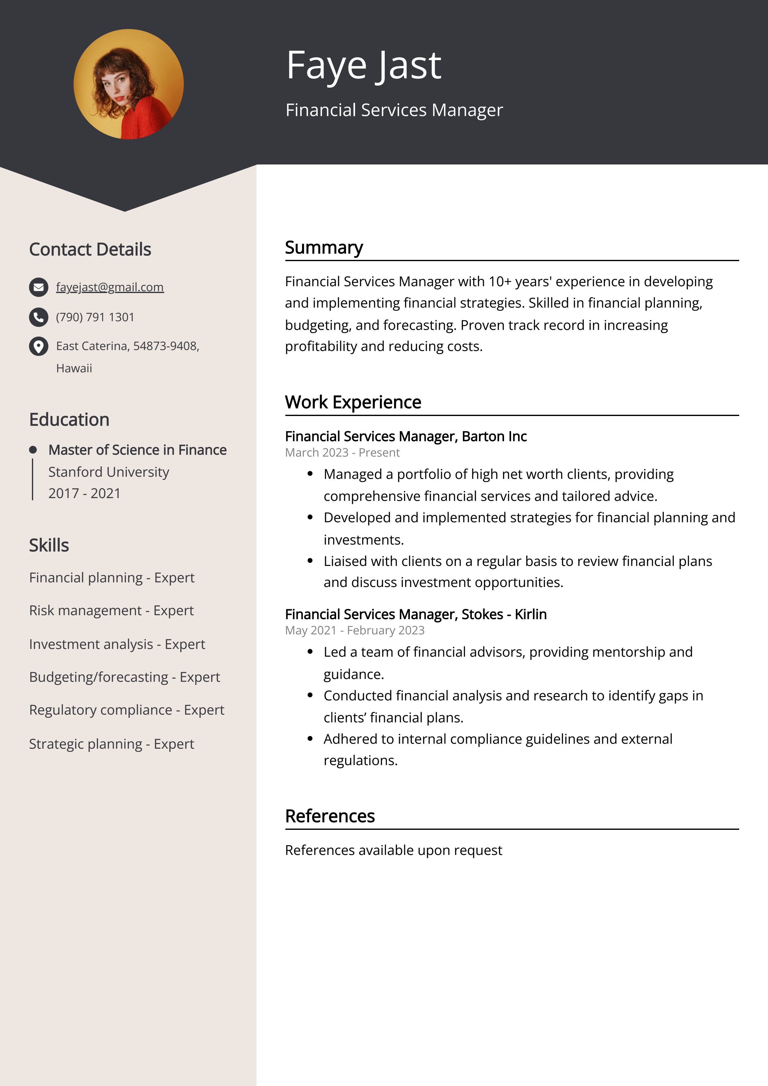 Financial Services Manager Resume Example