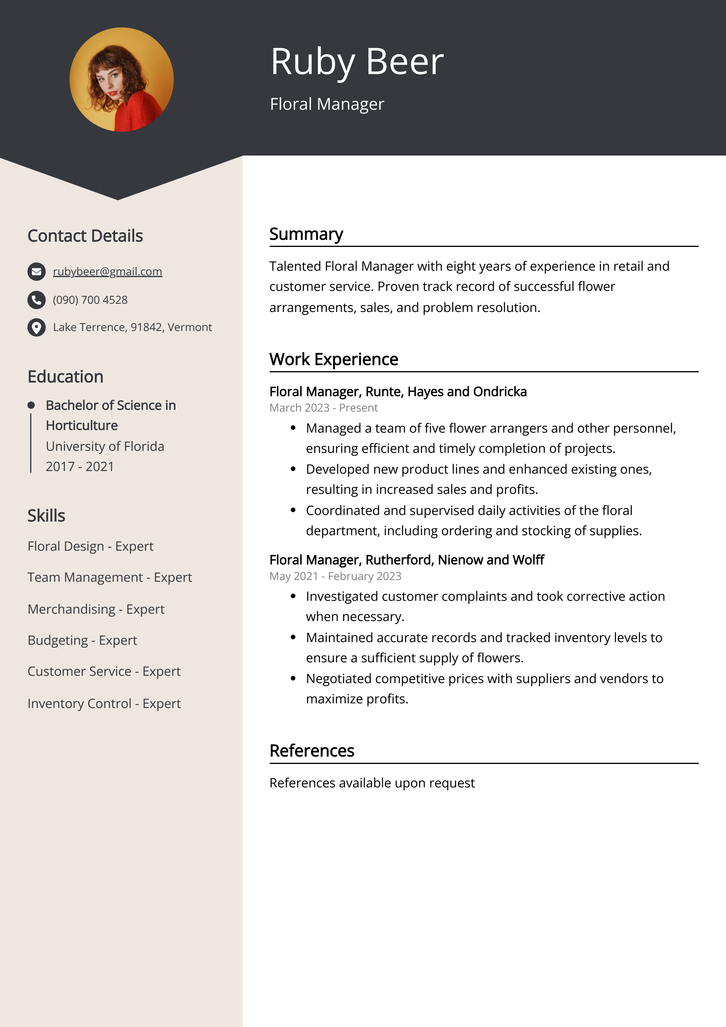 Floral Manager Resume Example