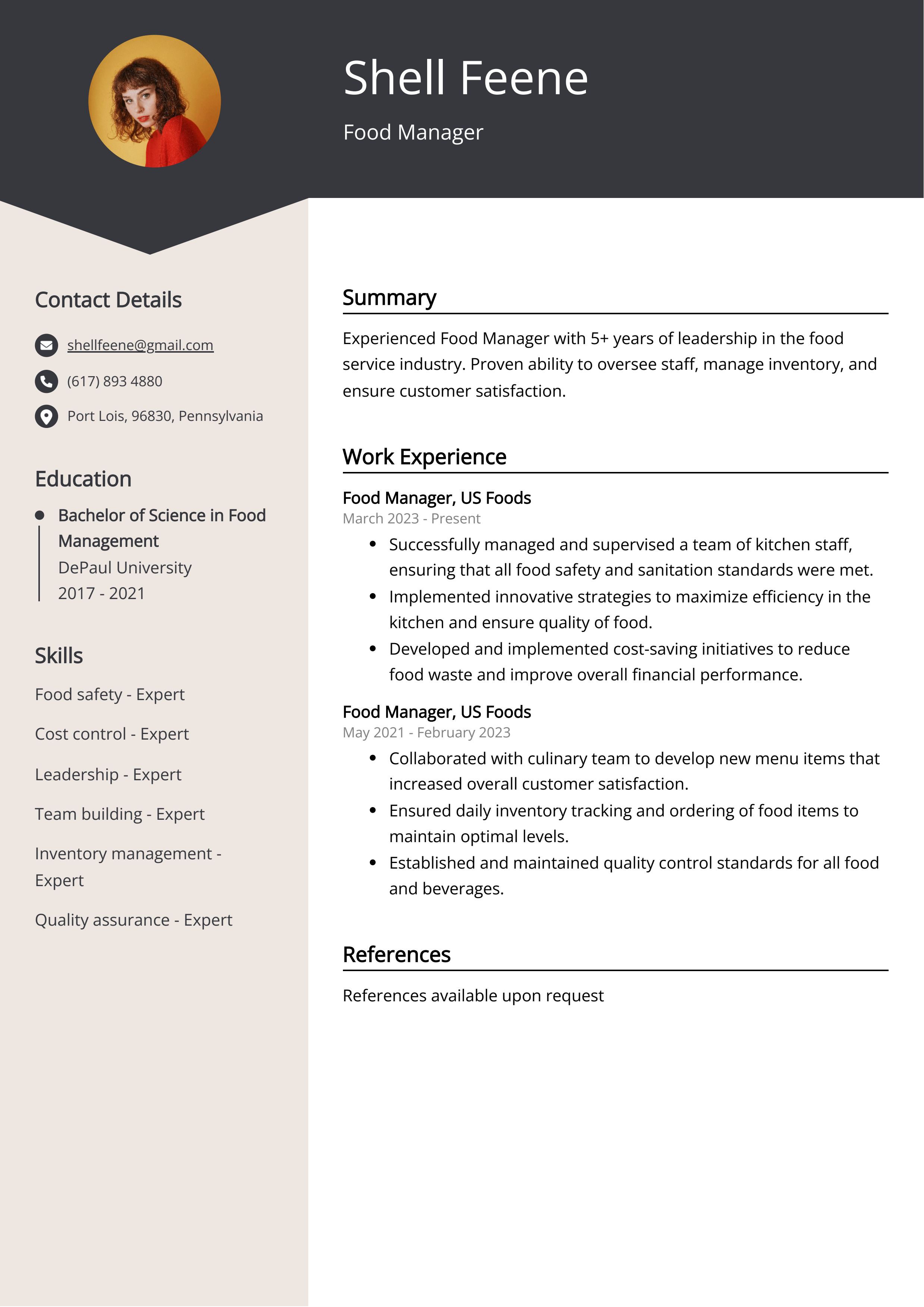 Food Manager Resume Example