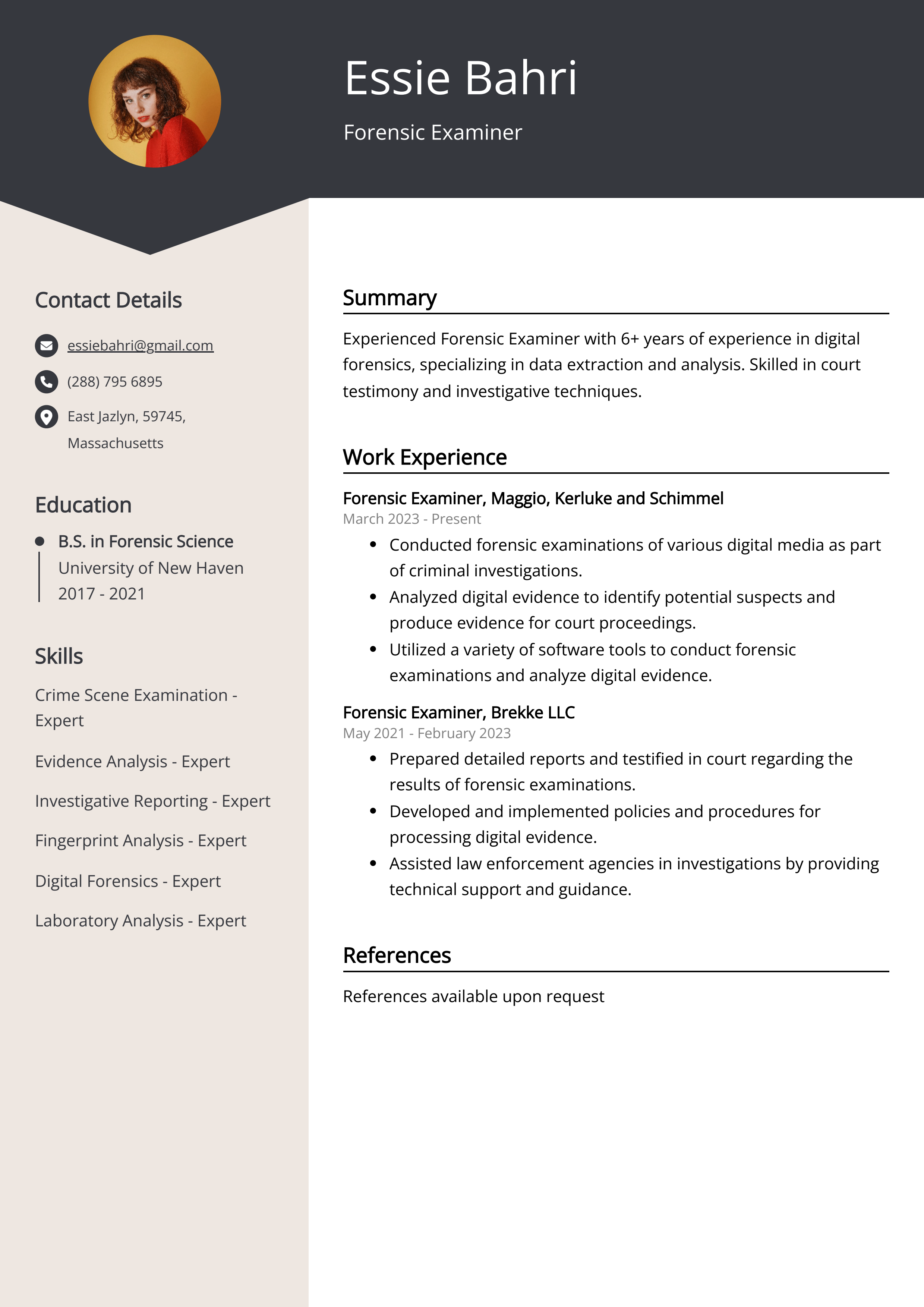 Forensic Examiner Resume Example
