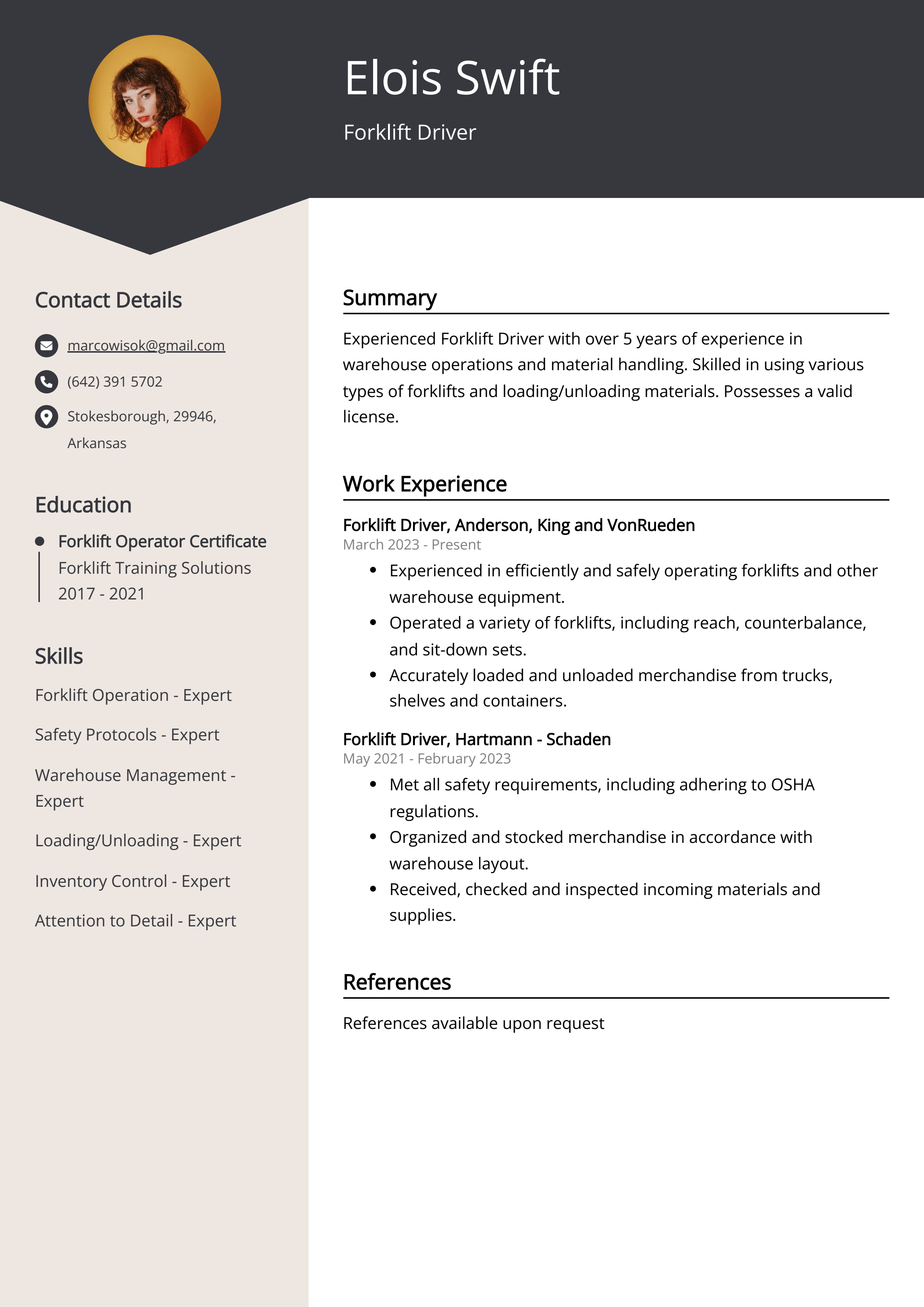 Forklift Driver Resume Example