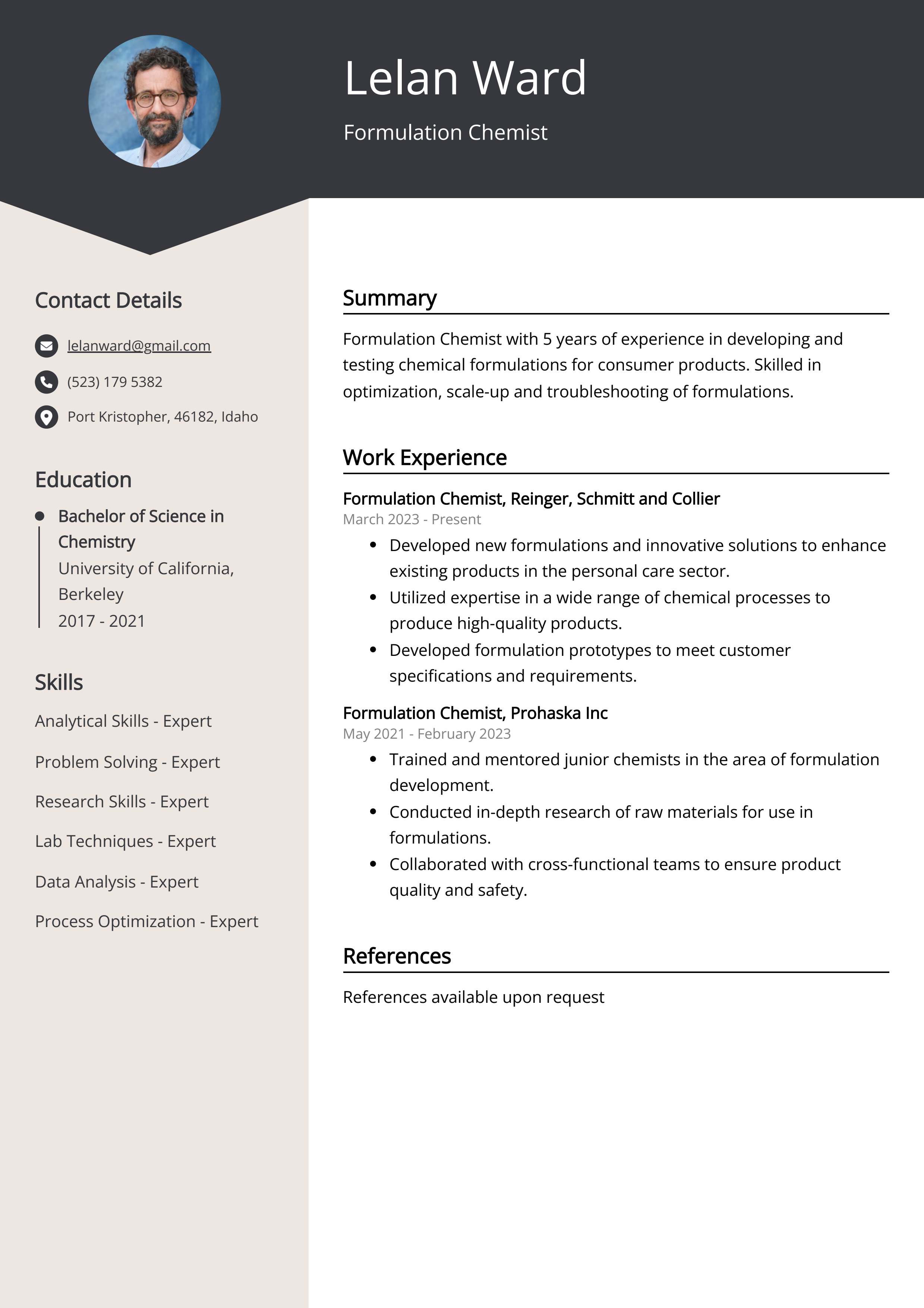 Formulation Chemist Resume Example