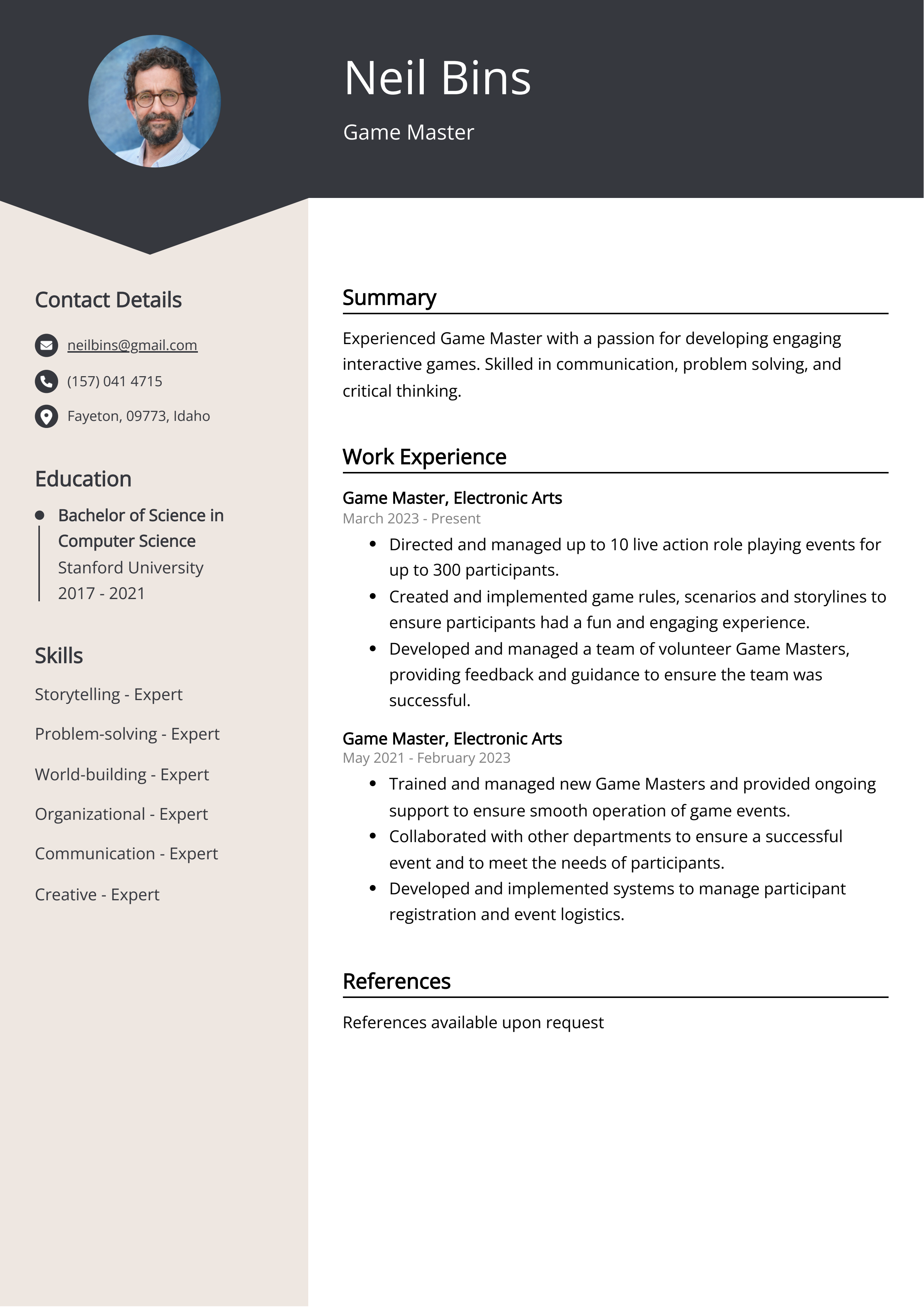 Game Master Resume Example