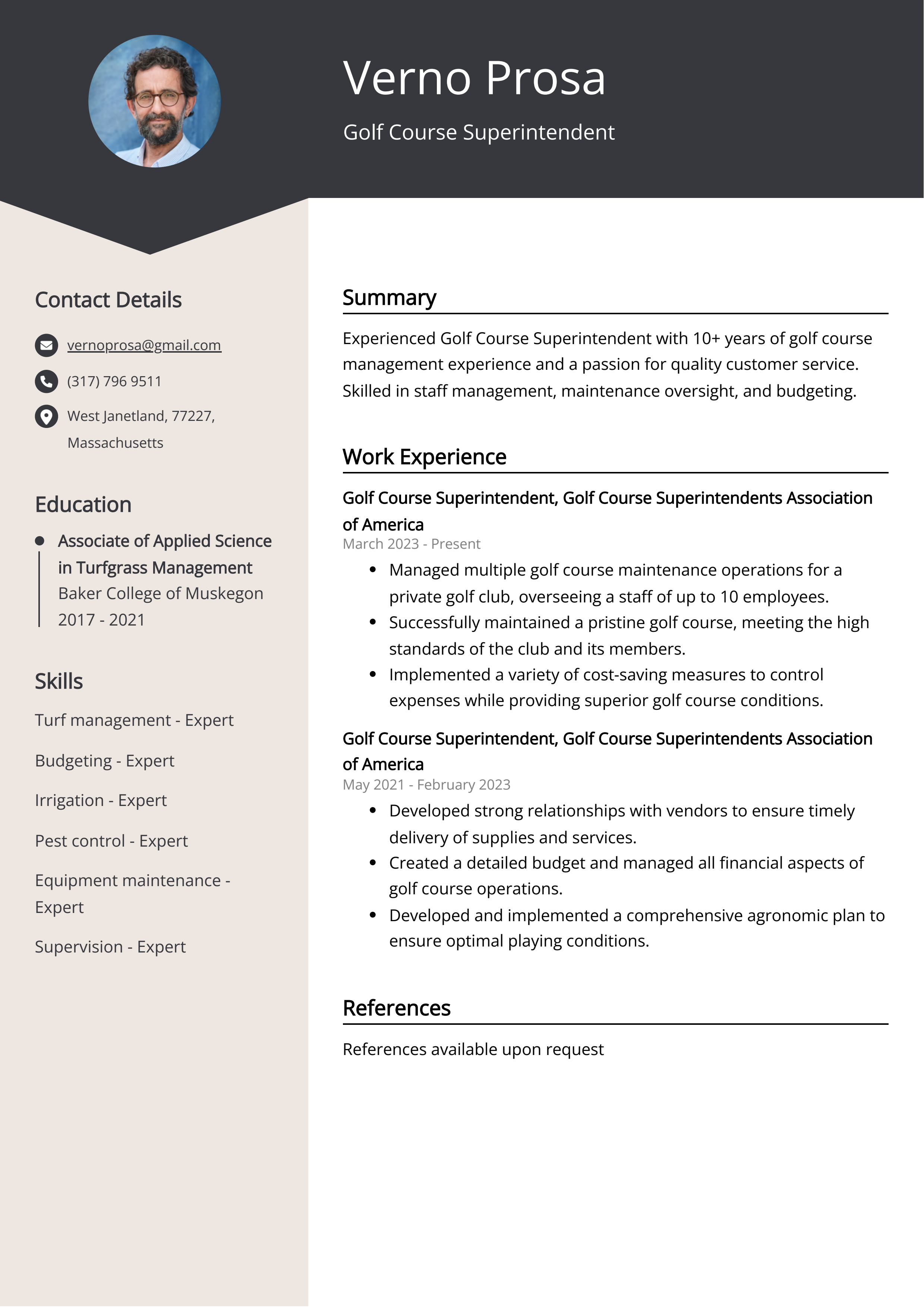 Golf Course Superintendent Resume Example