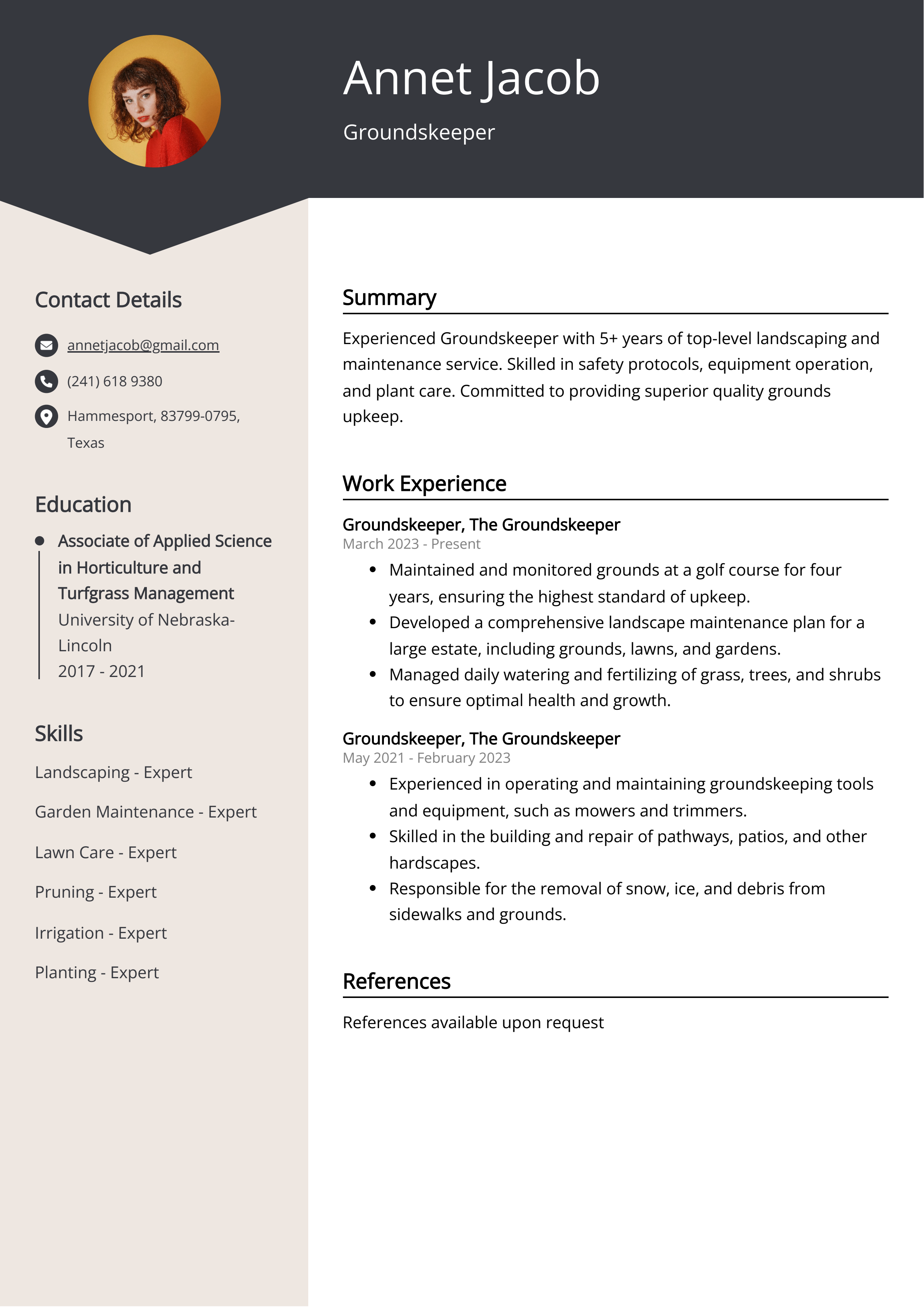 Groundskeeper Resume Example