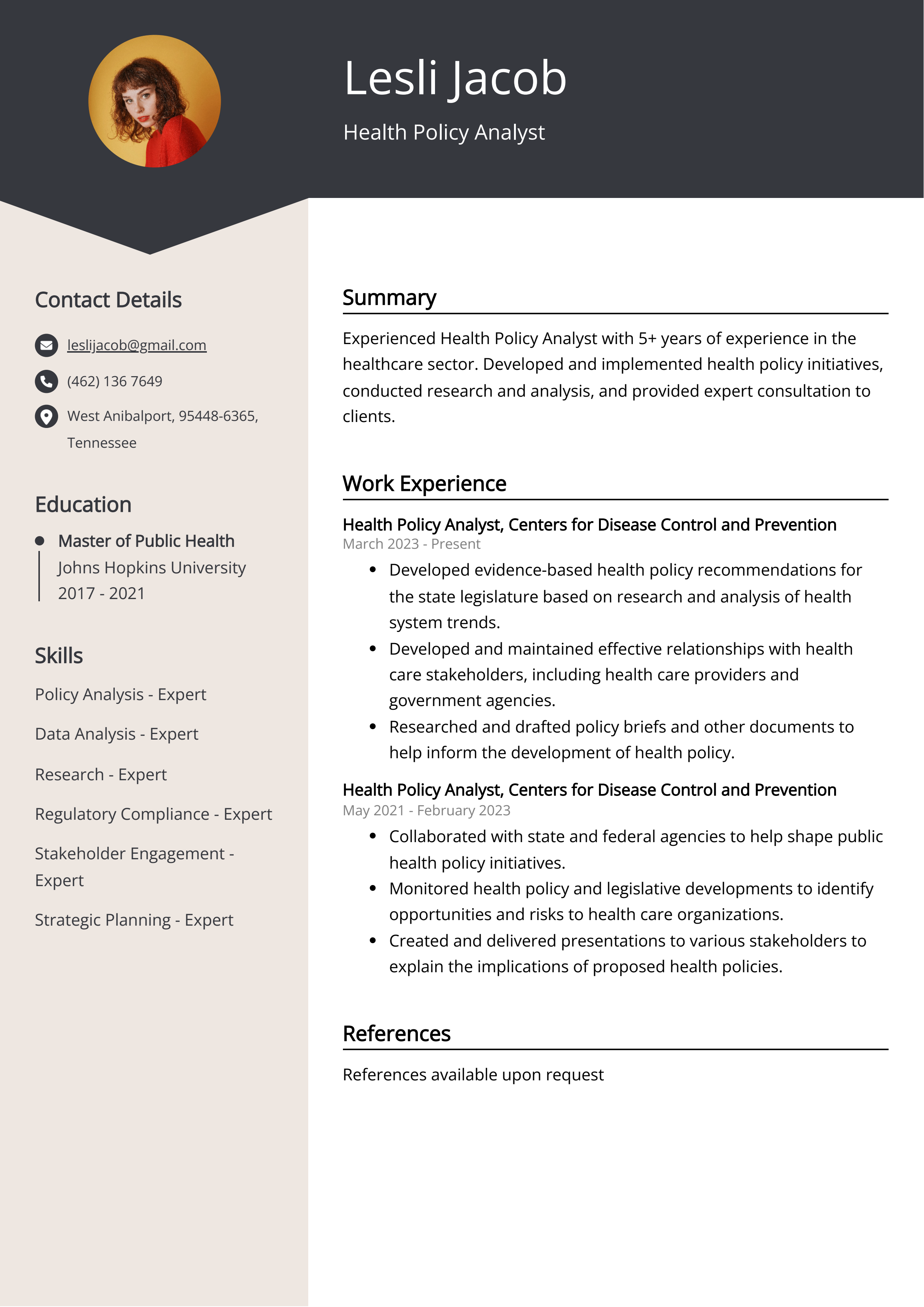 Health Policy Analyst Resume Example