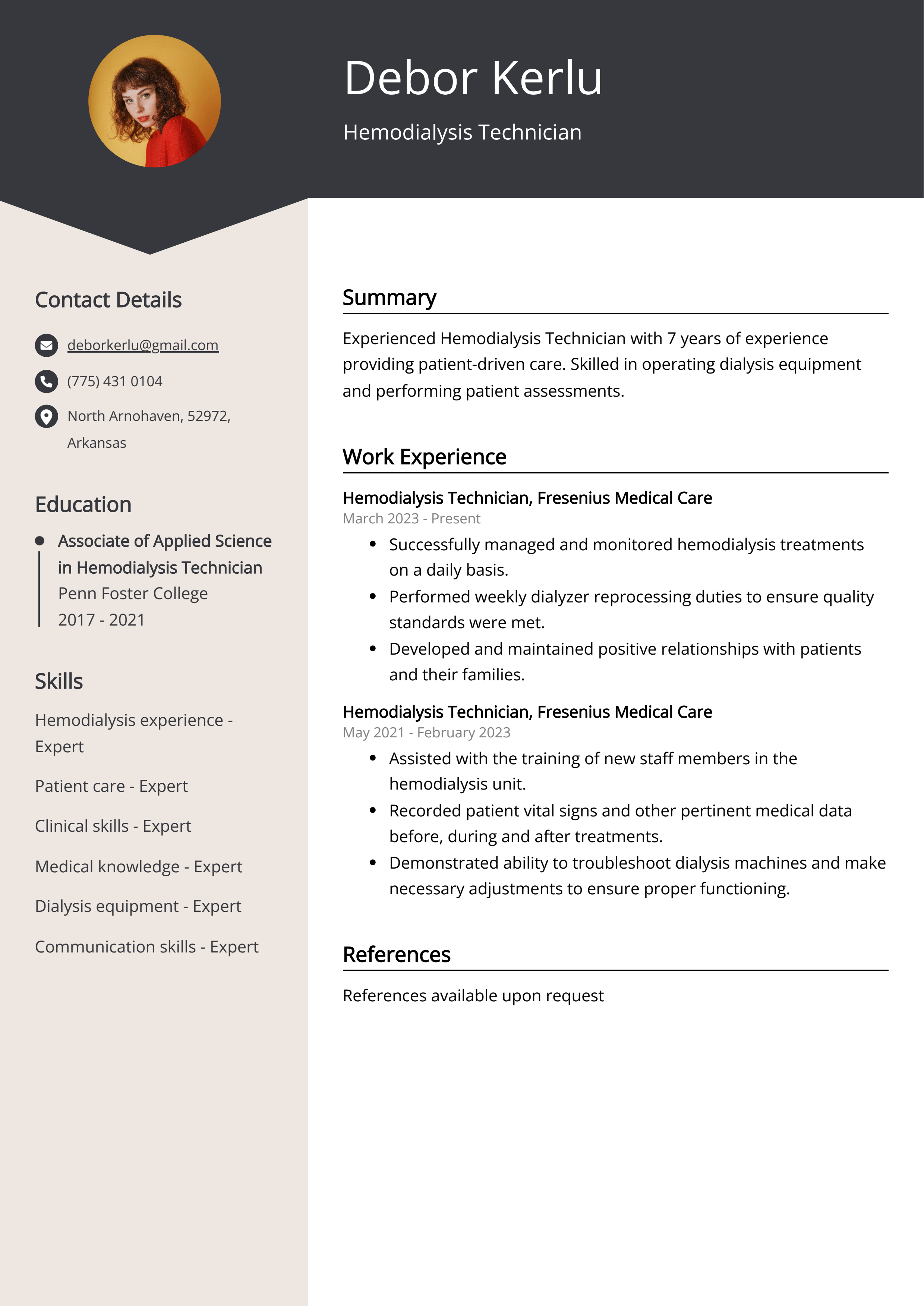 Hemodialysis Technician Resume Example