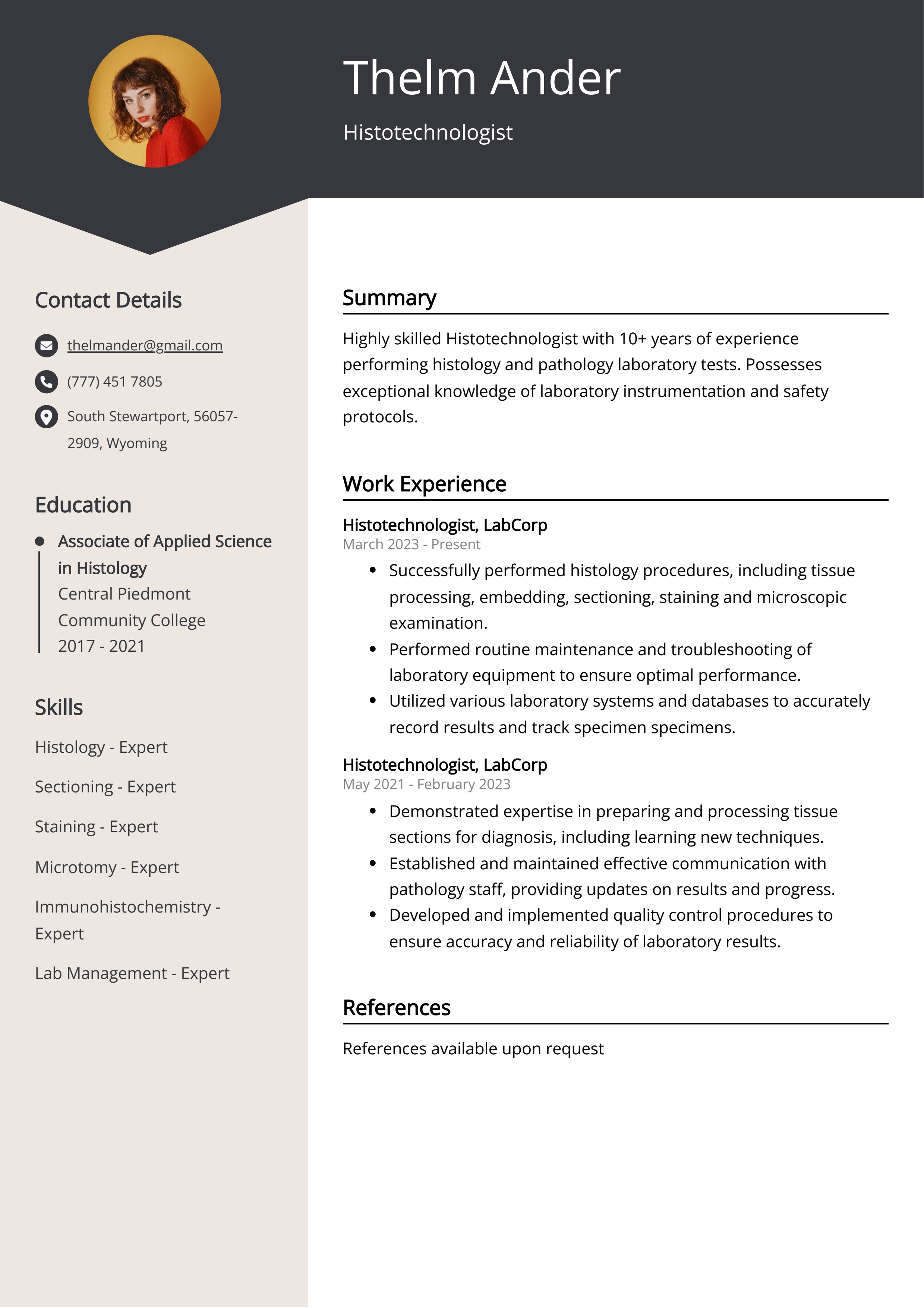 Histotechnologist Resume Example