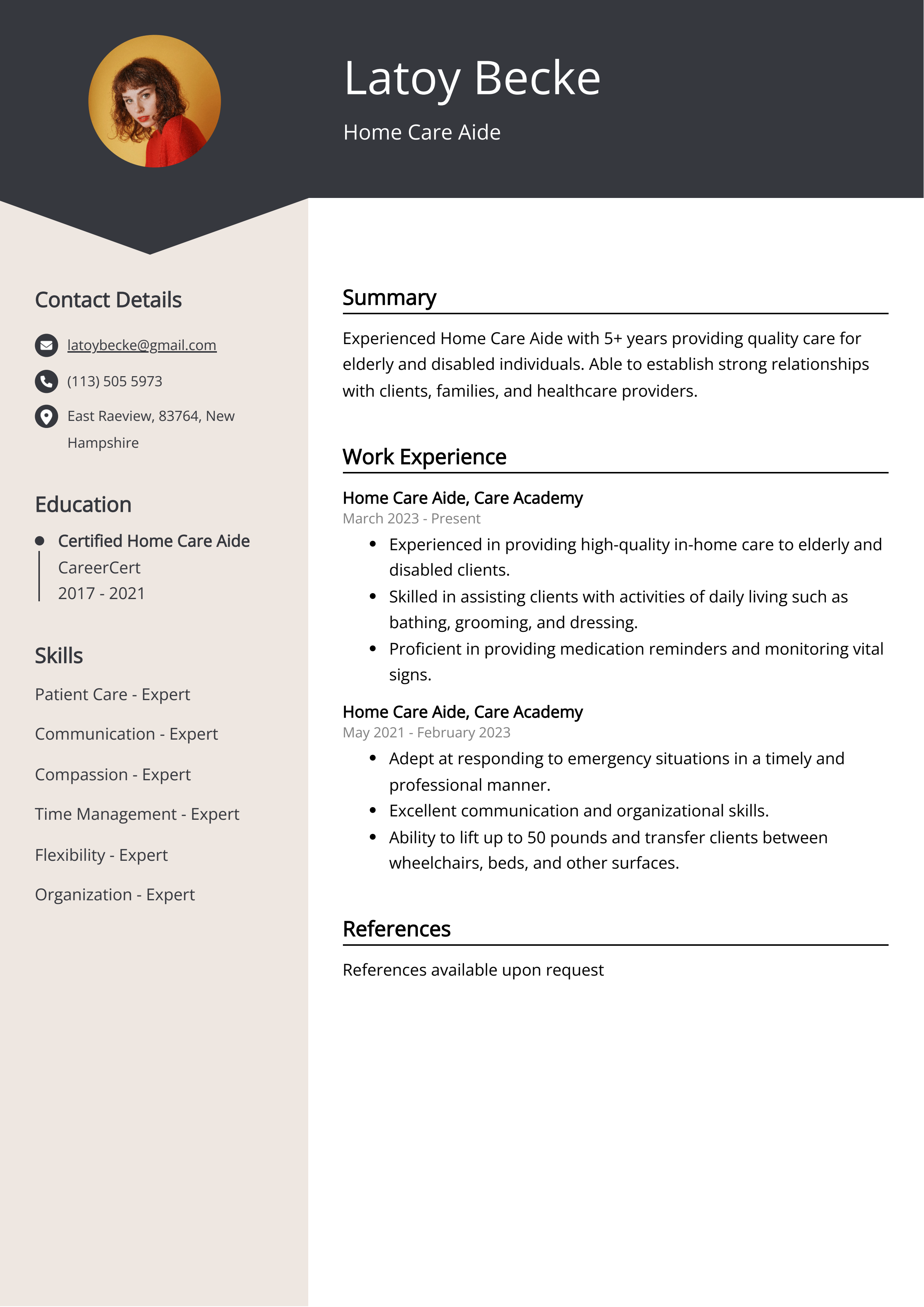 Home Care Aide Resume Example