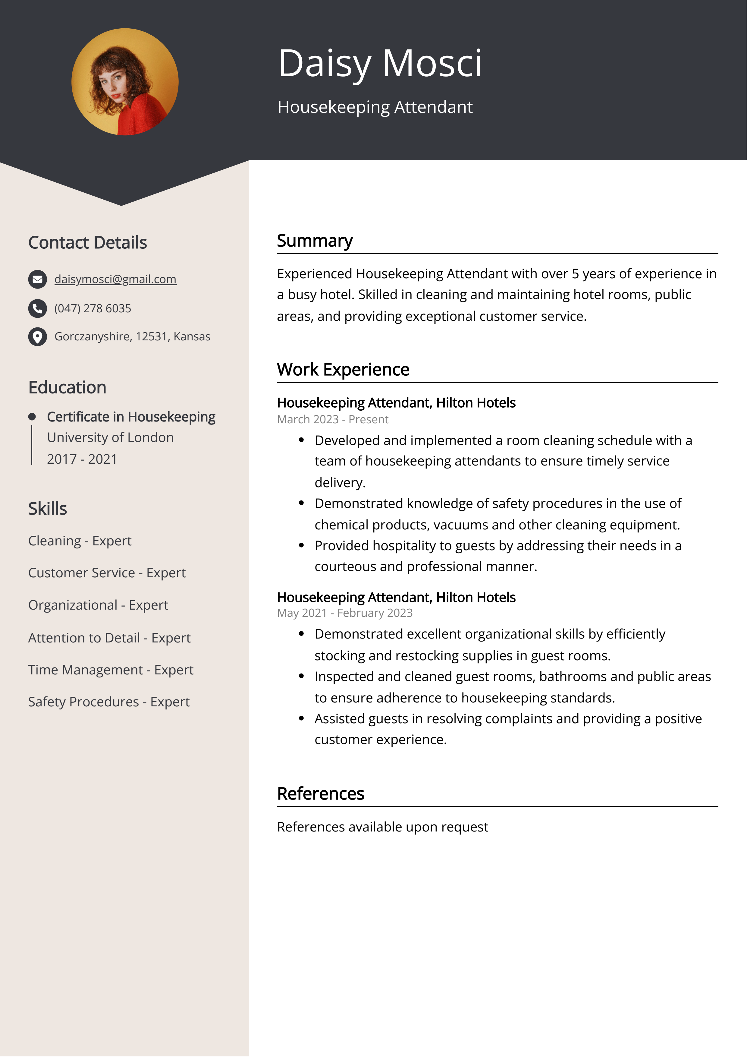 Housekeeping Attendant Resume Example