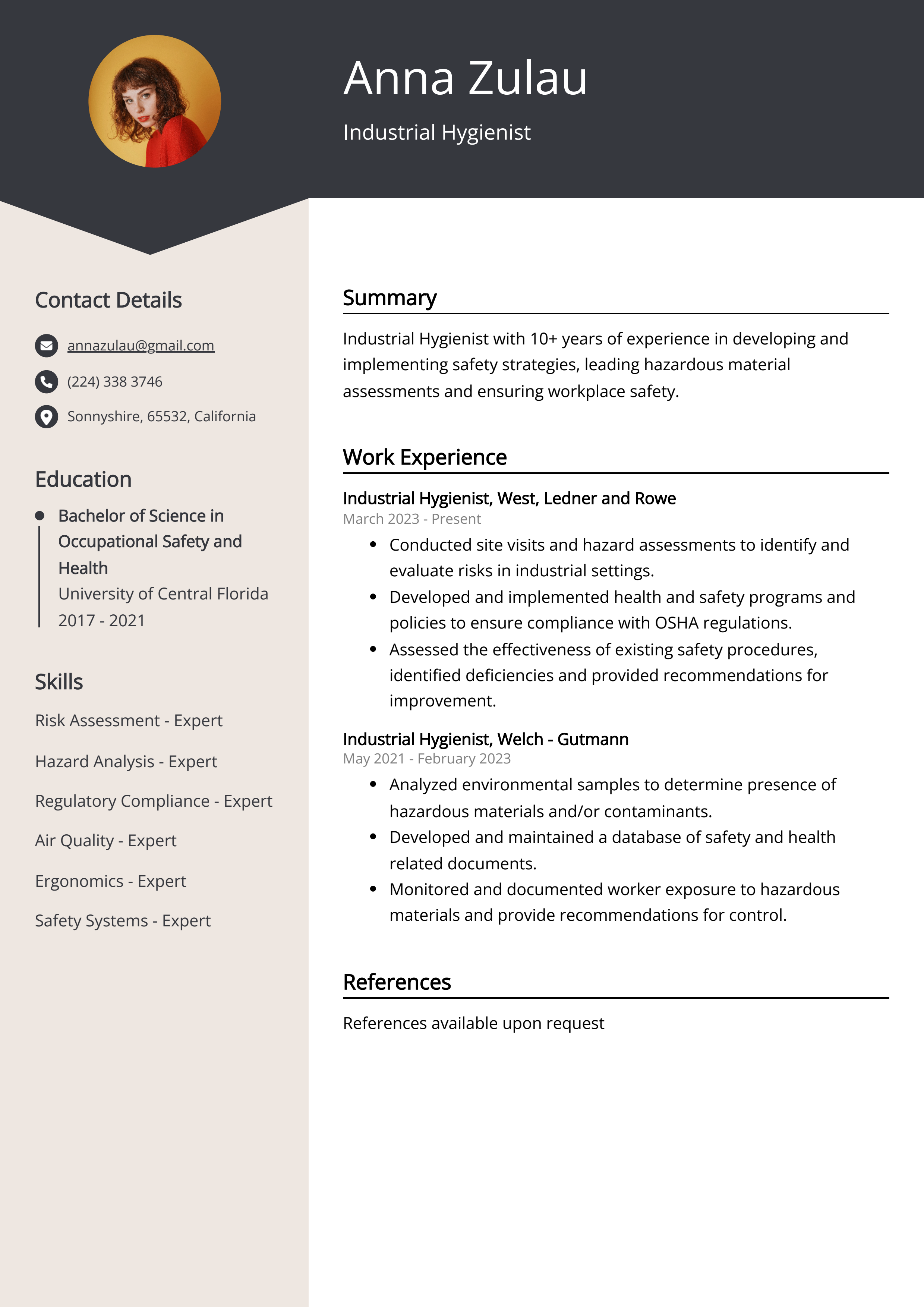 Industrial Hygienist Resume Example