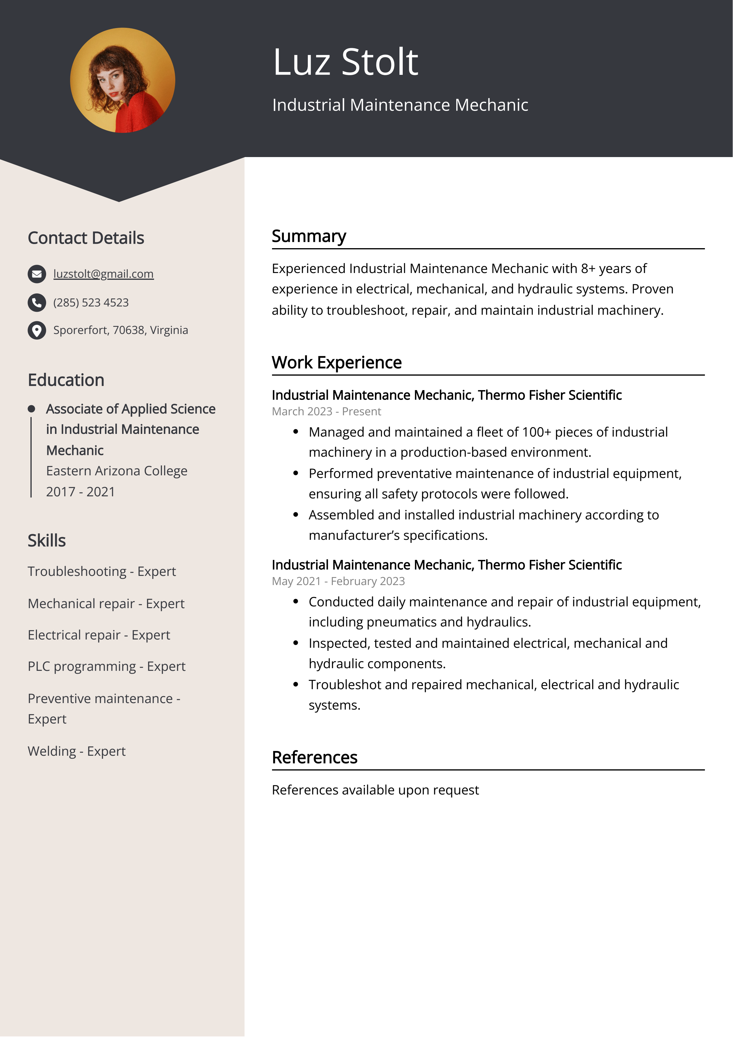 Industrial Maintenance Mechanic Resume Example