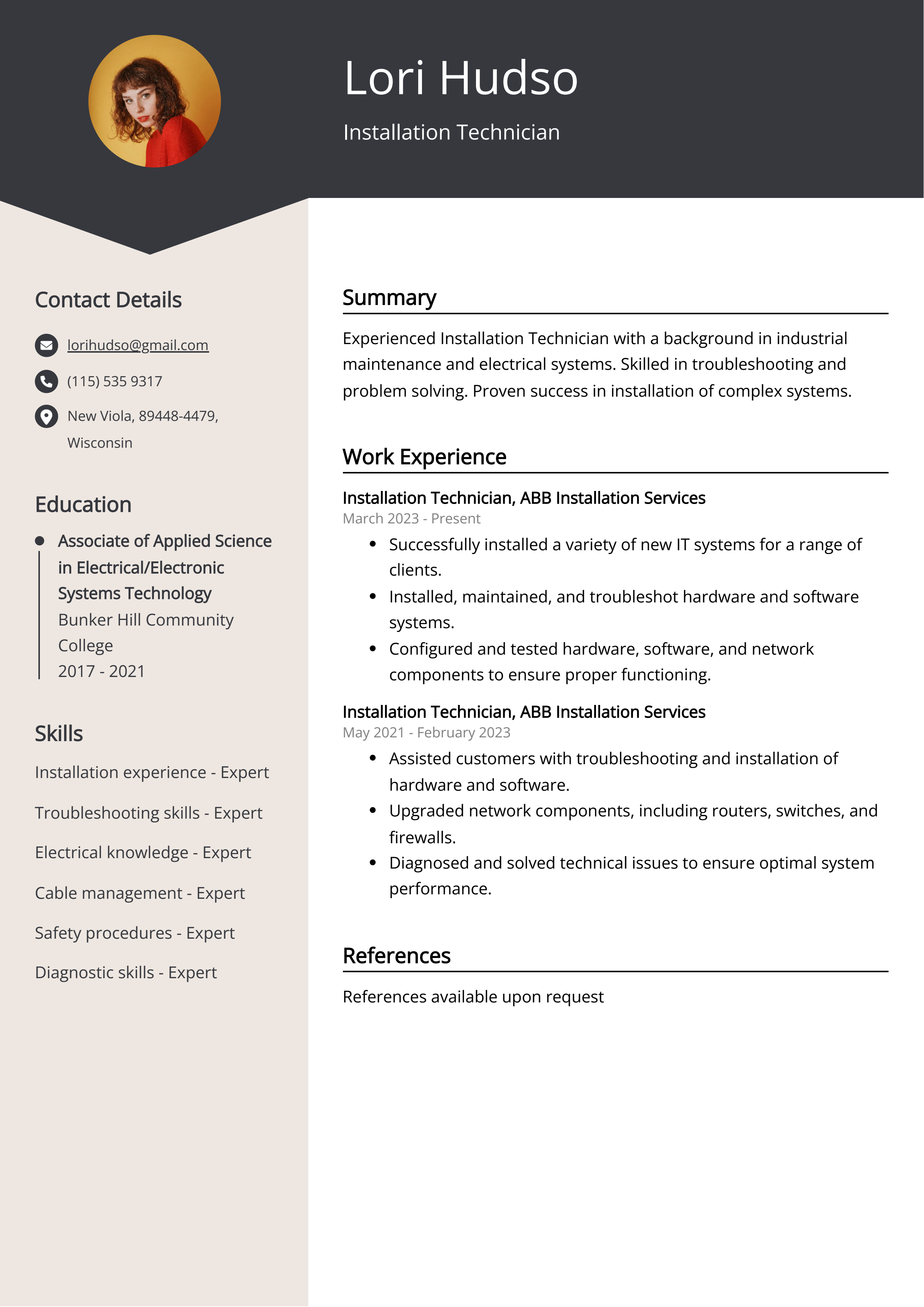 Installation Technician Resume Example