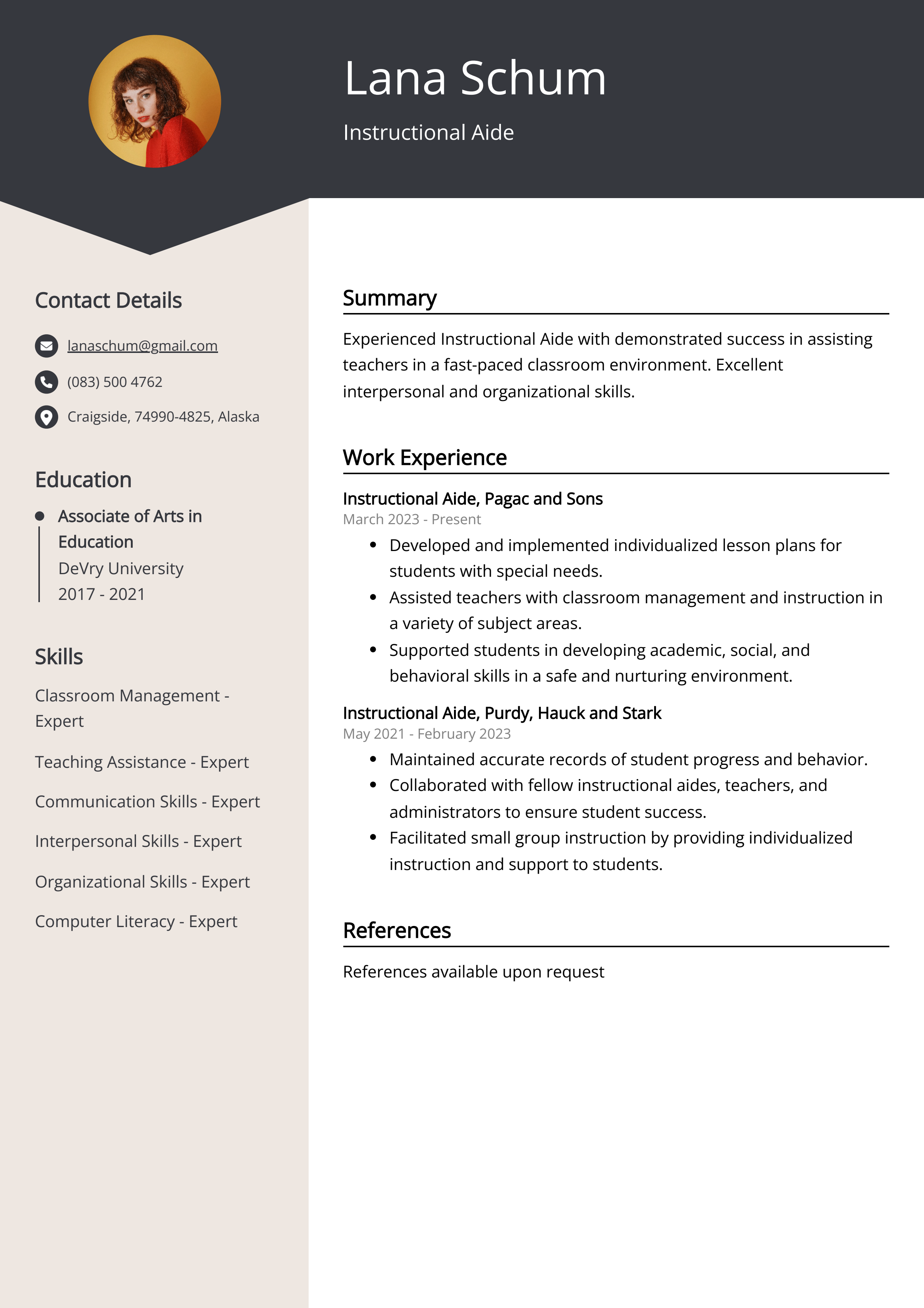 Instructional Aide Resume Example