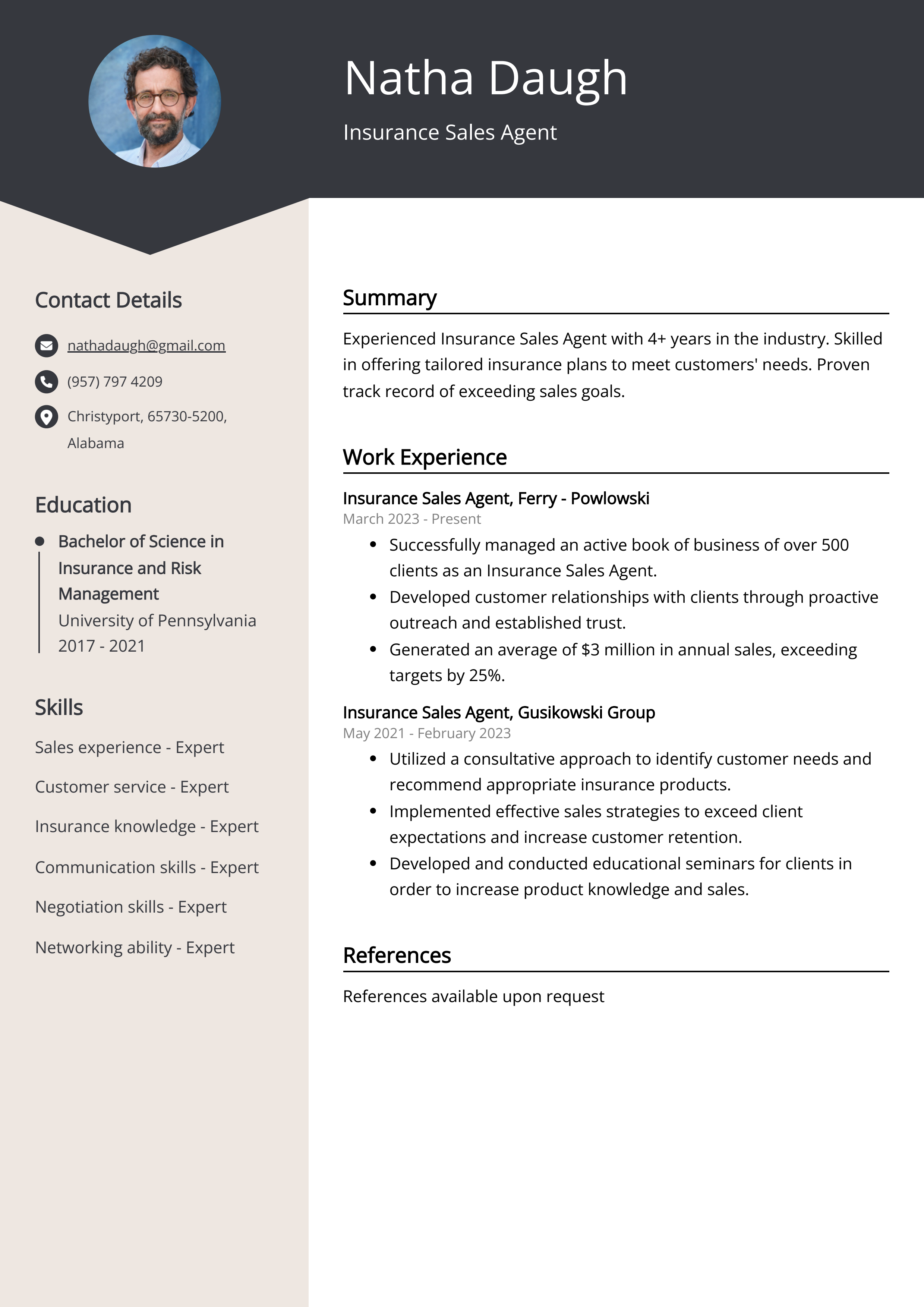 Experienced Insurance Sales Agent Resume Example
