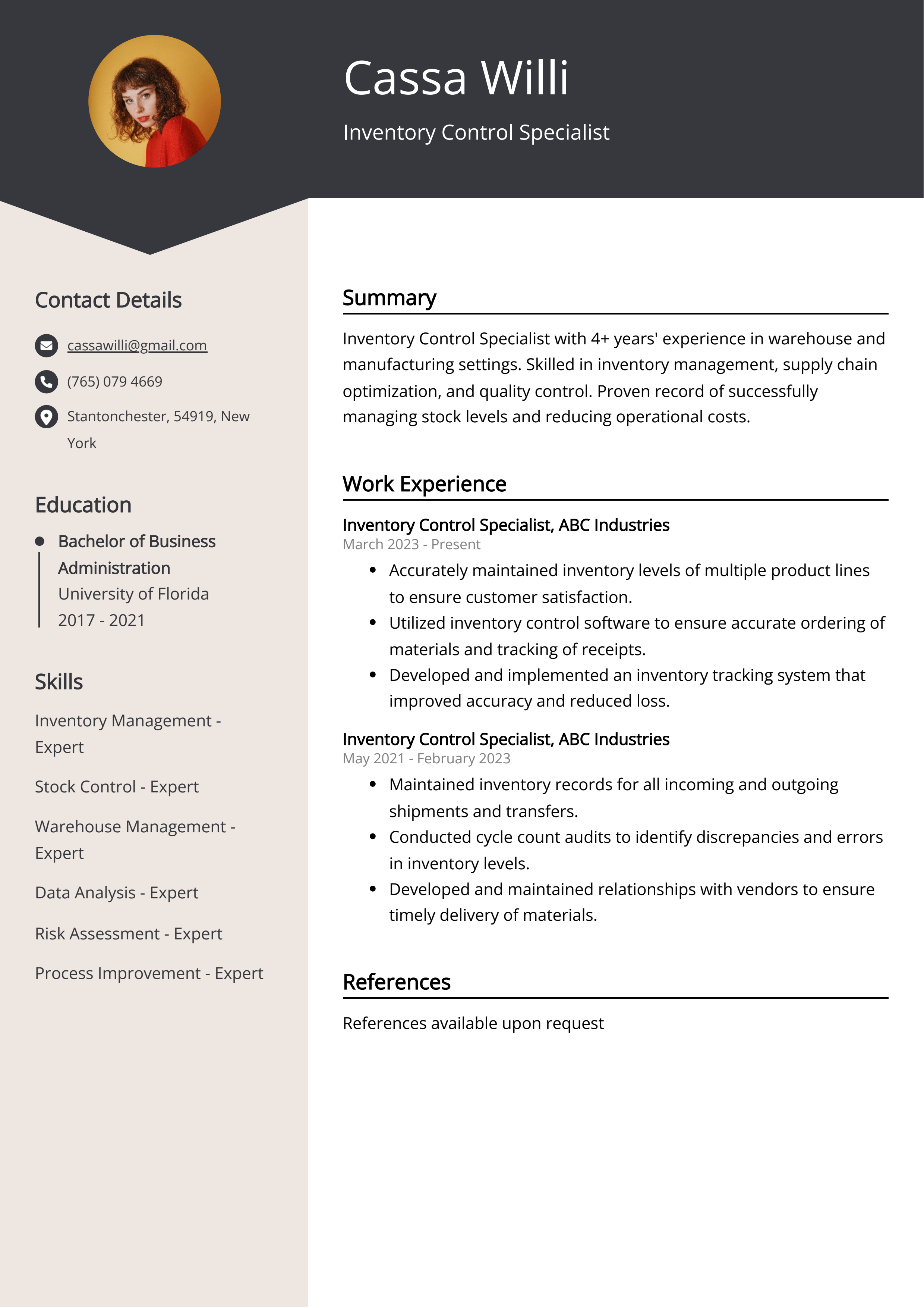 Inventory Control Specialist Resume Example