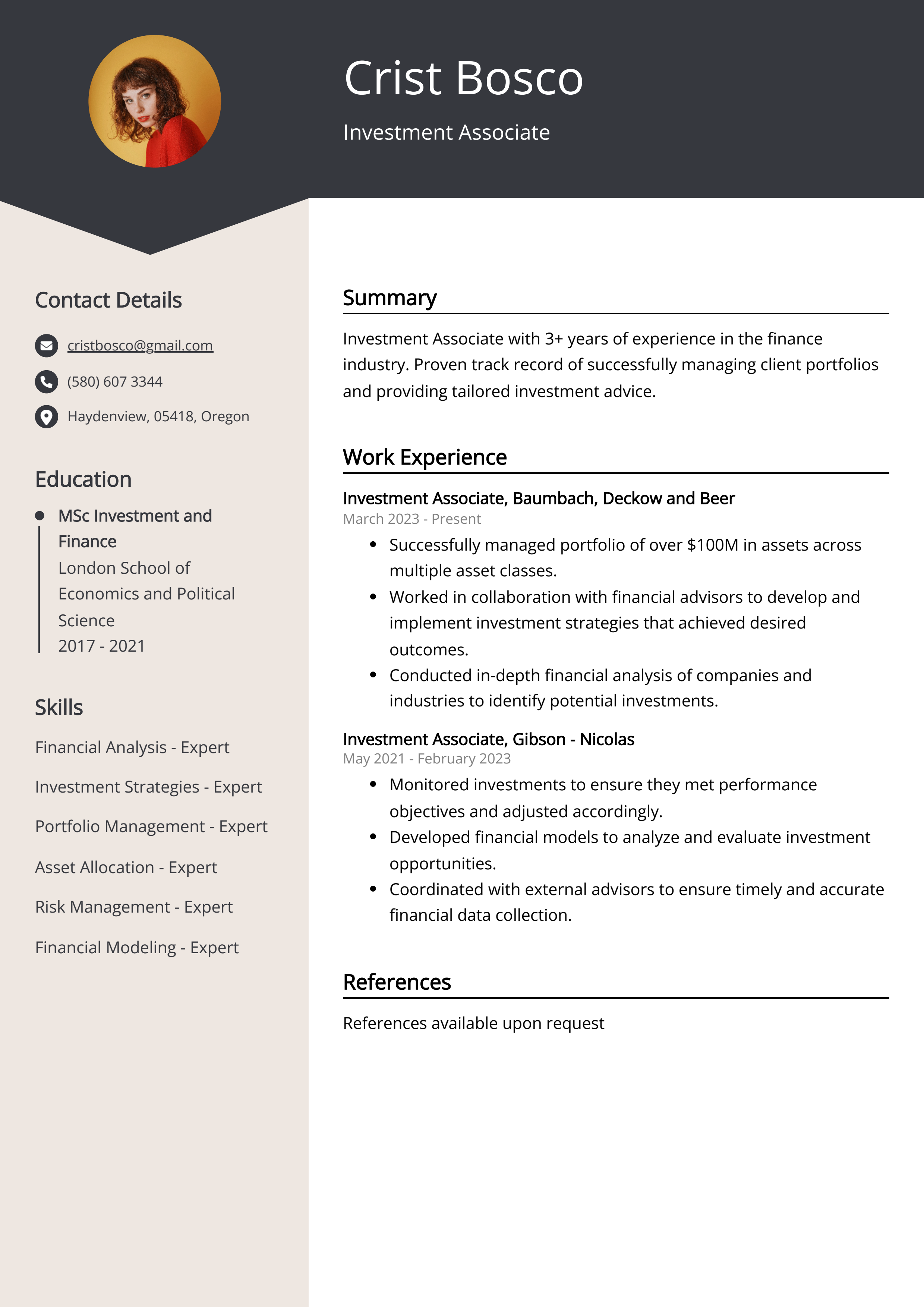 Investment Associate Resume Example