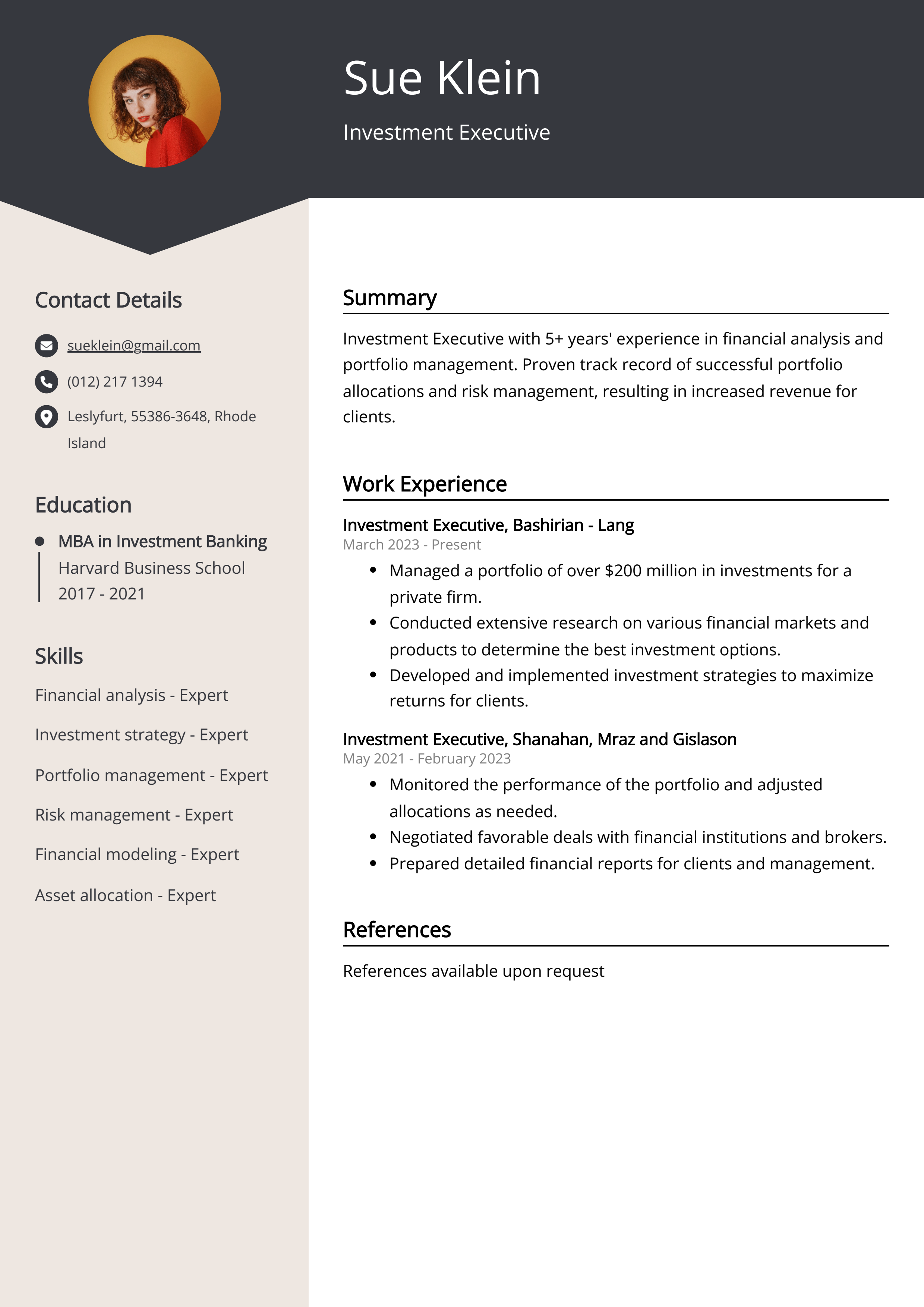 Investment Executive Resume Example