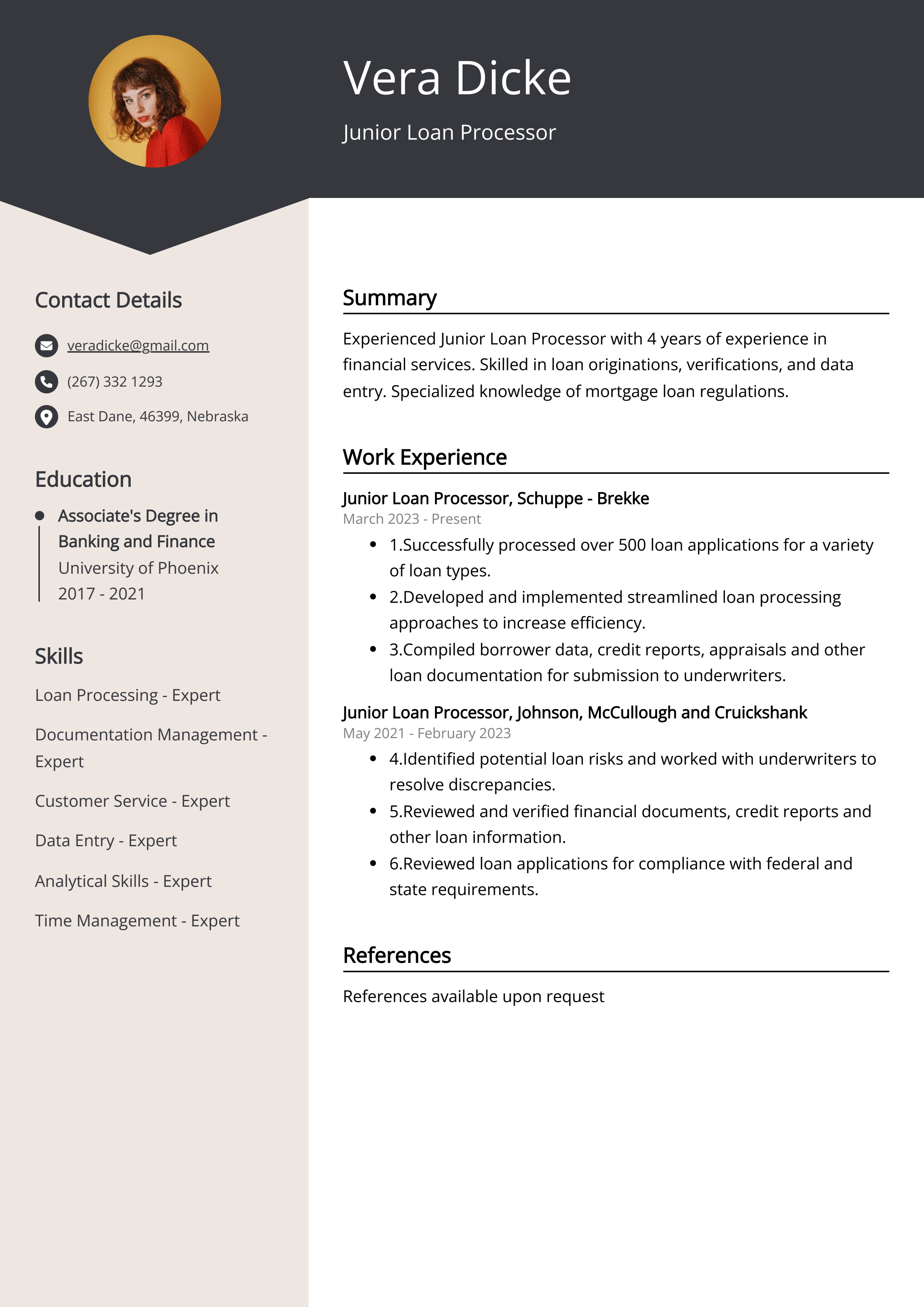 Junior Loan Processor Resume Example