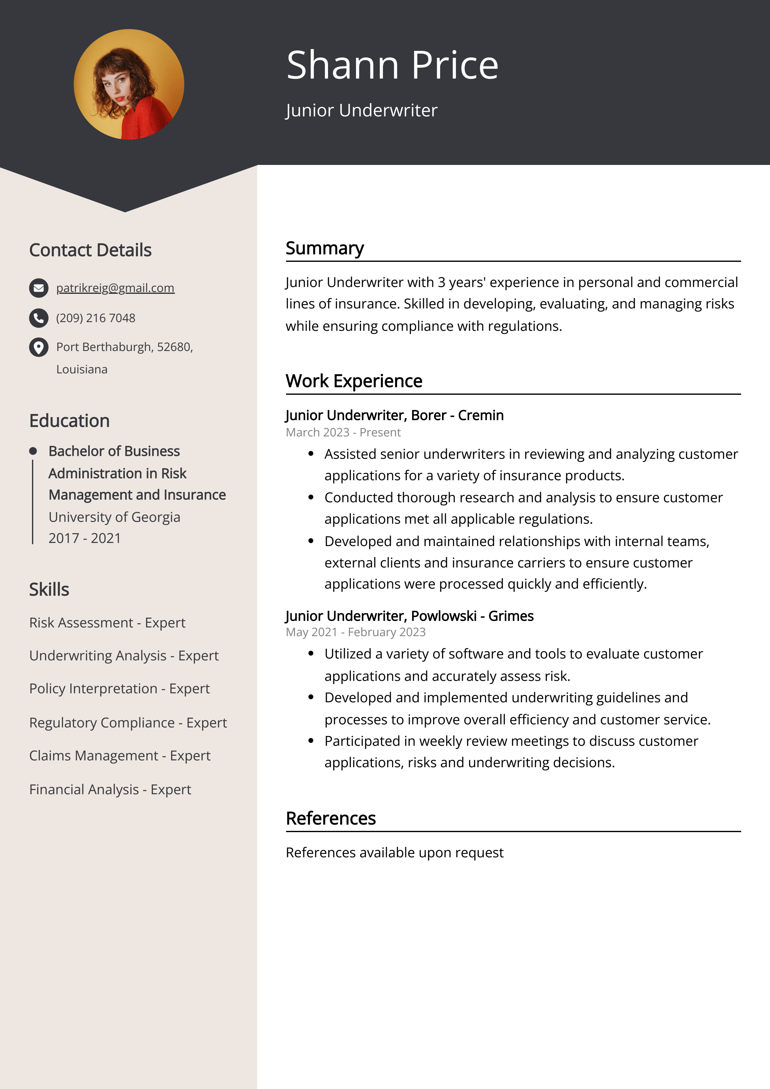 Junior Underwriter Resume Example