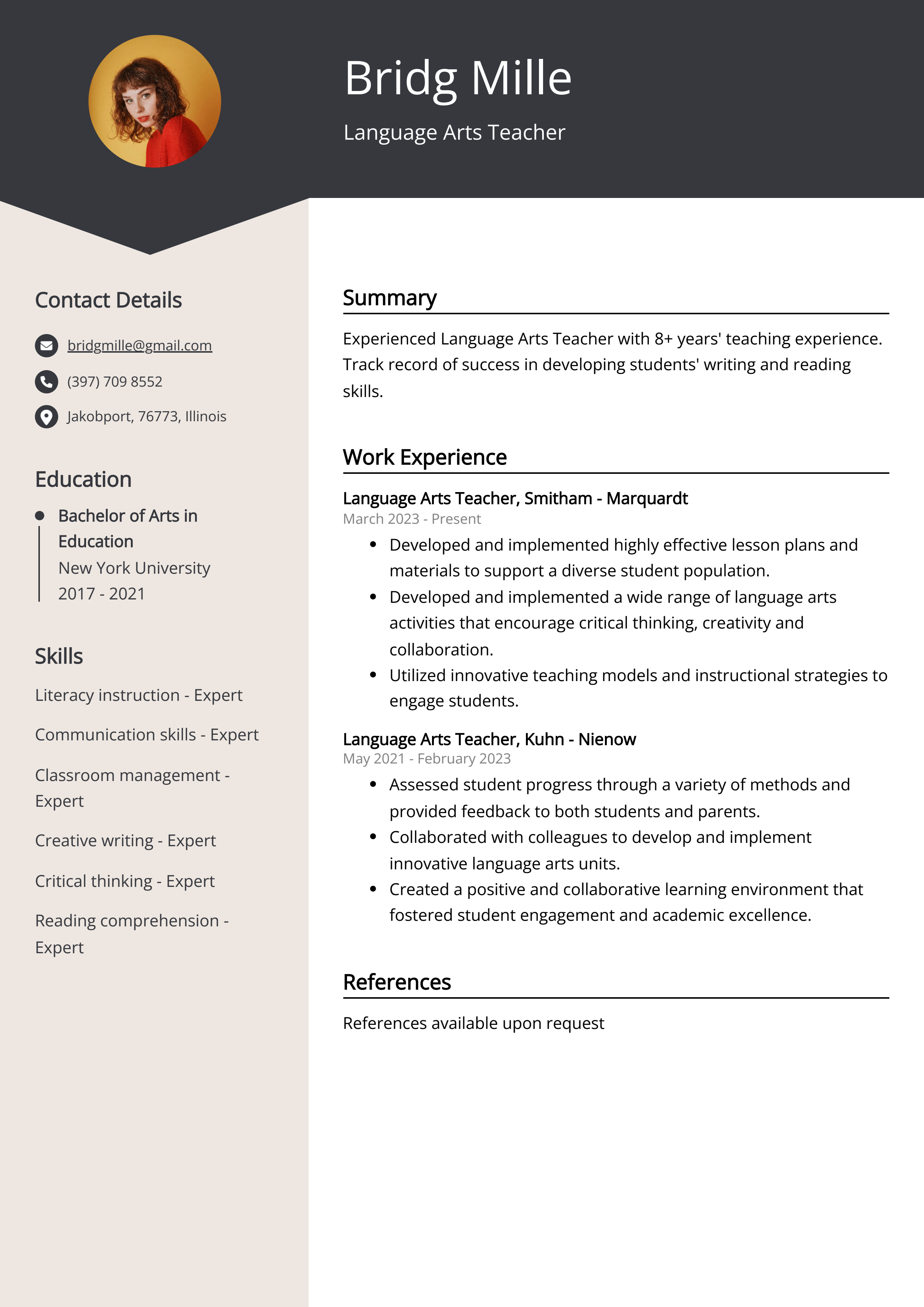 Language Arts Teacher Resume Example