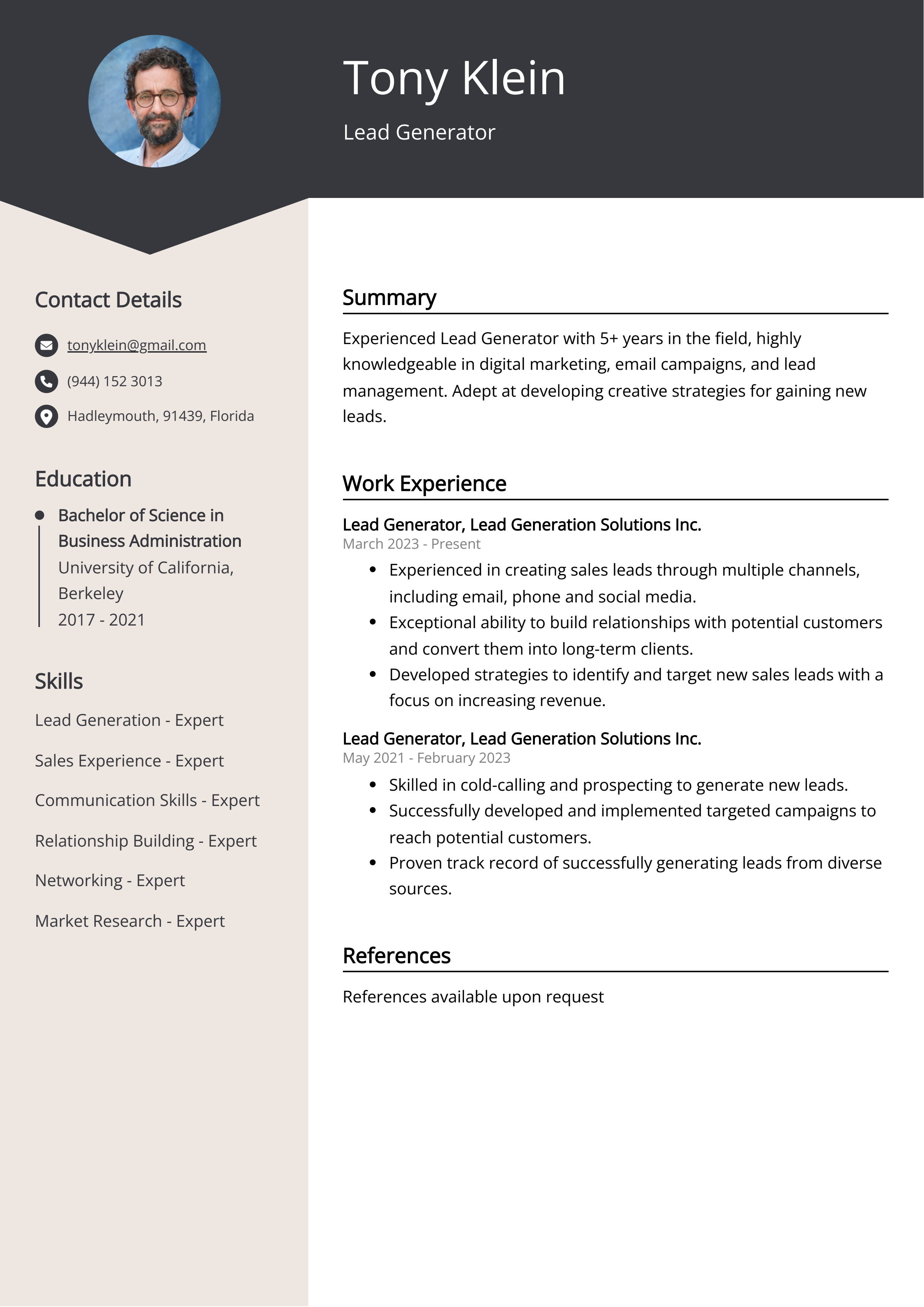 Lead Generator Resume Example