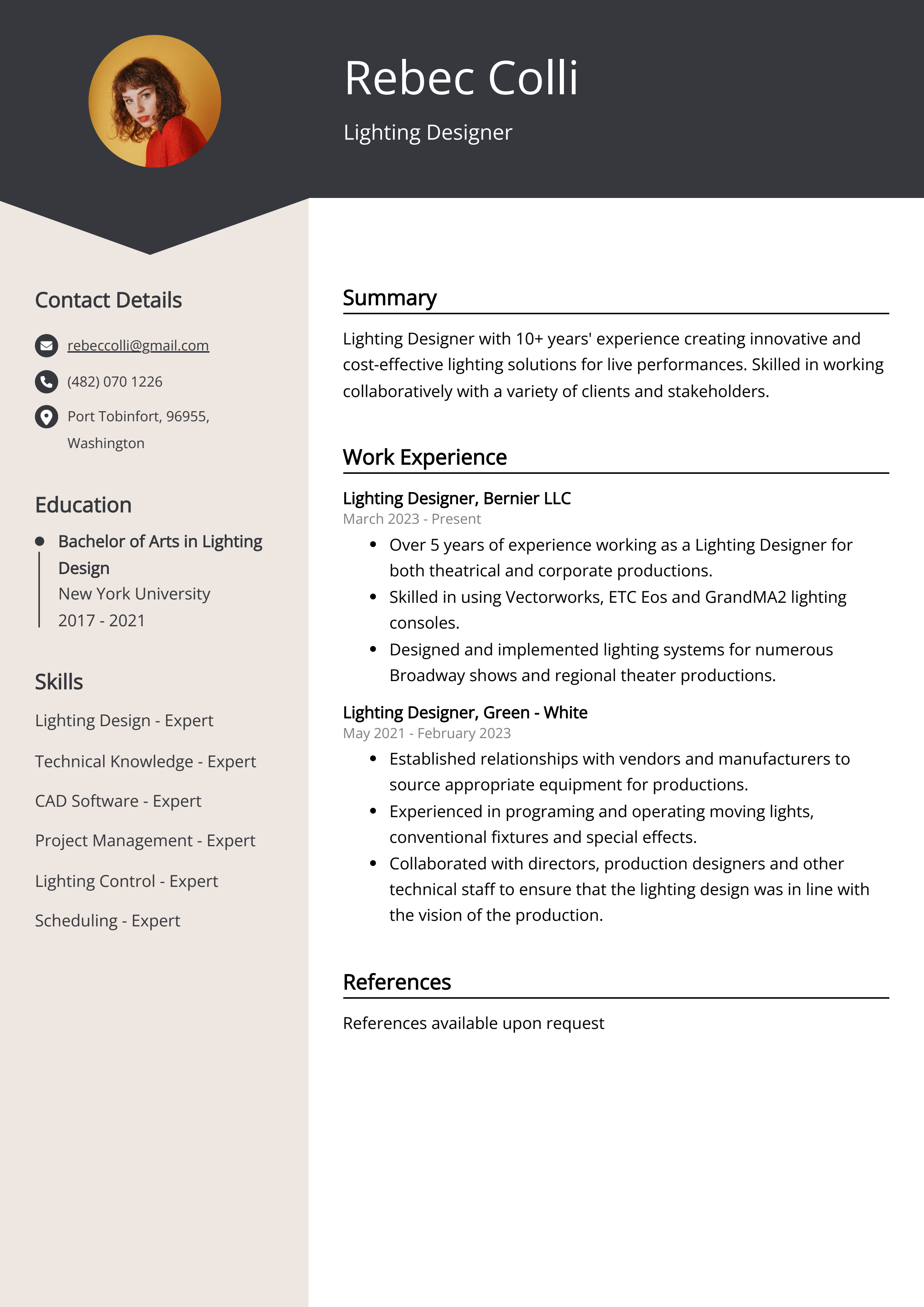 Lighting Designer Resume Example