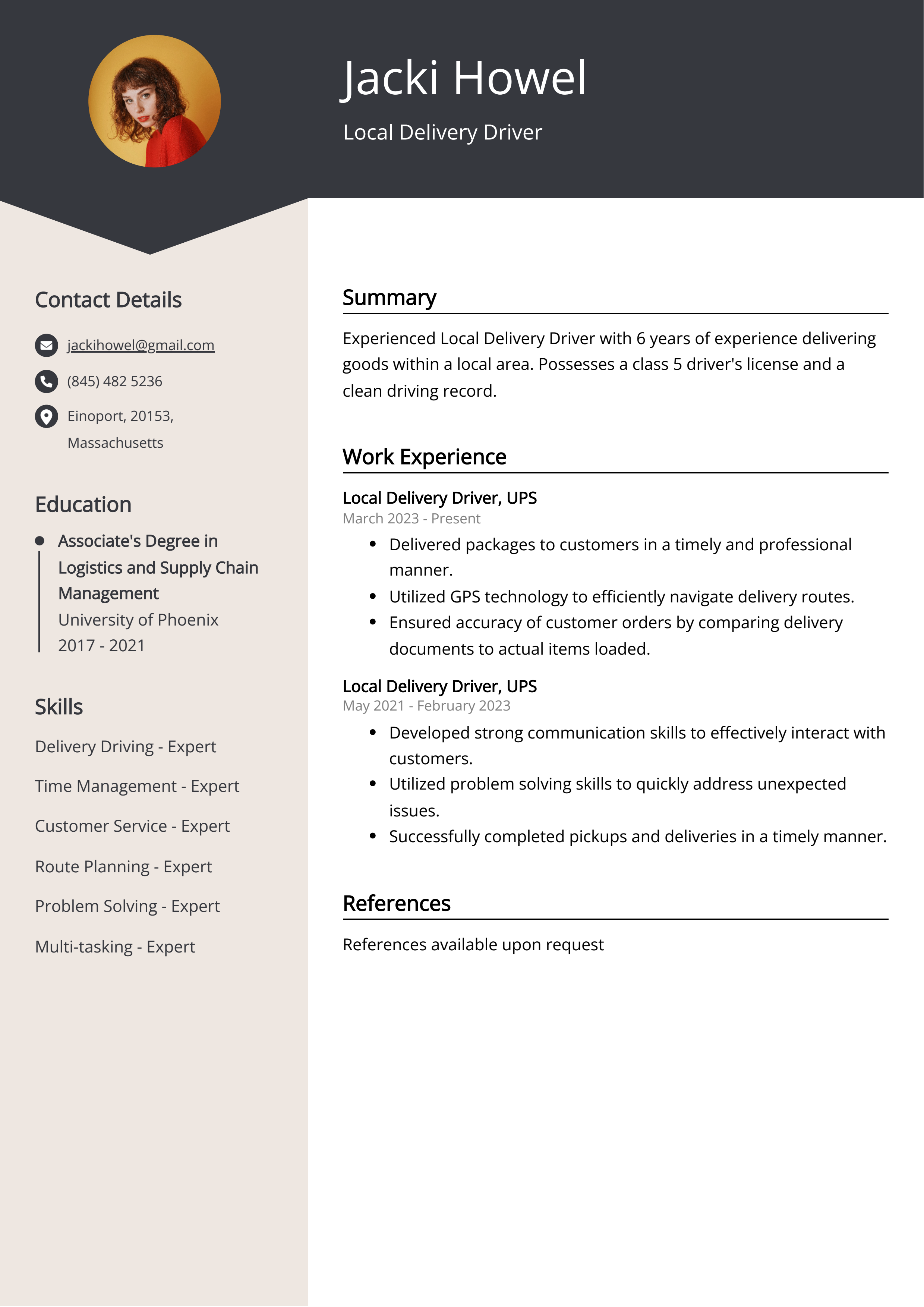 Local Delivery Driver Resume Example