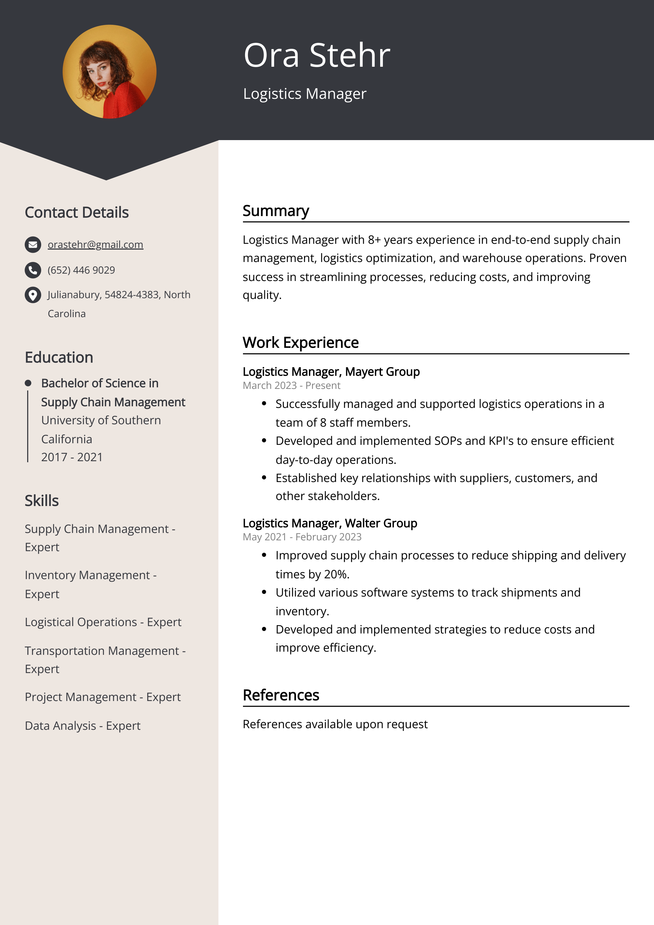 Logistics Manager Resume Example