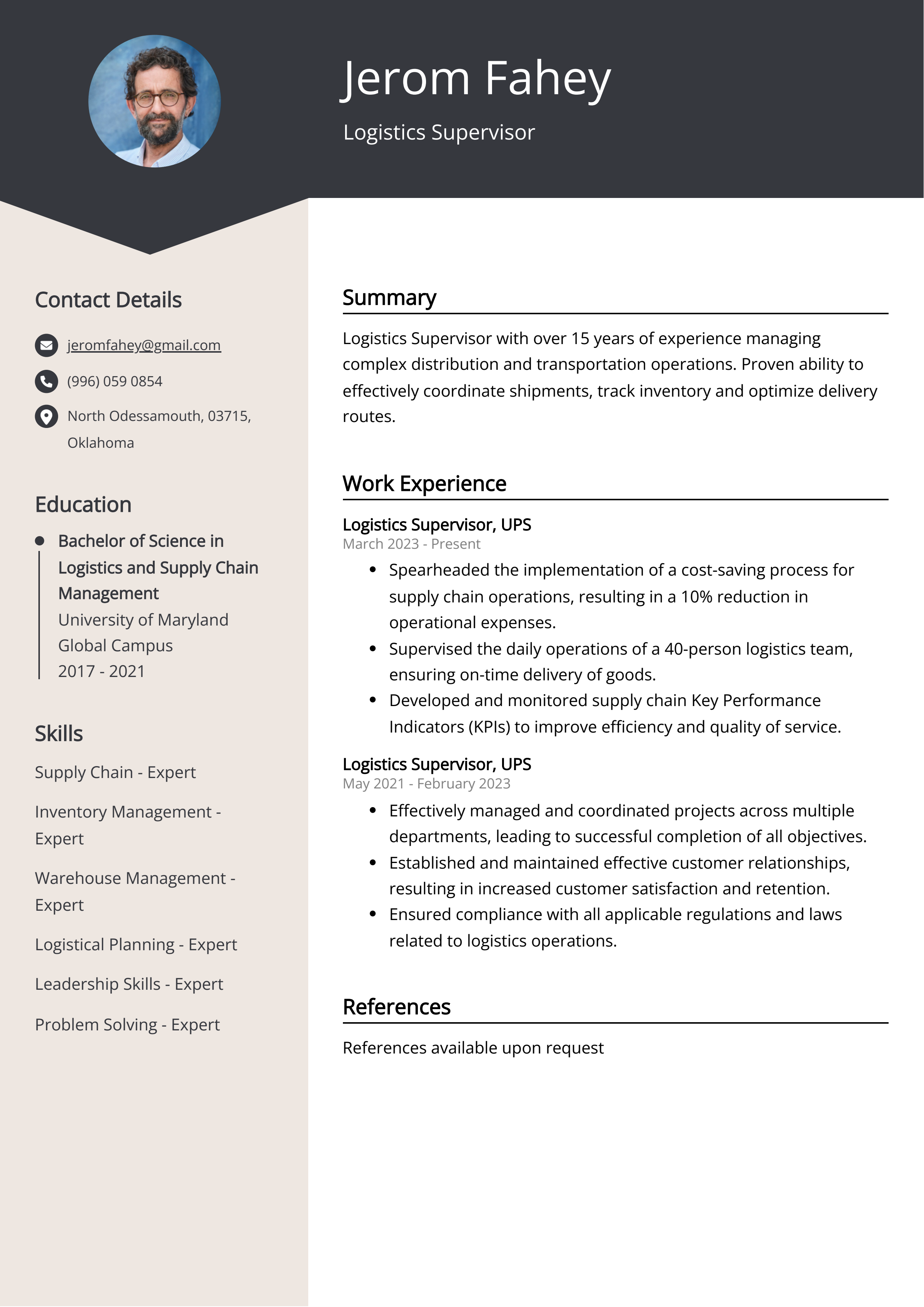 Logistics Supervisor Resume Example