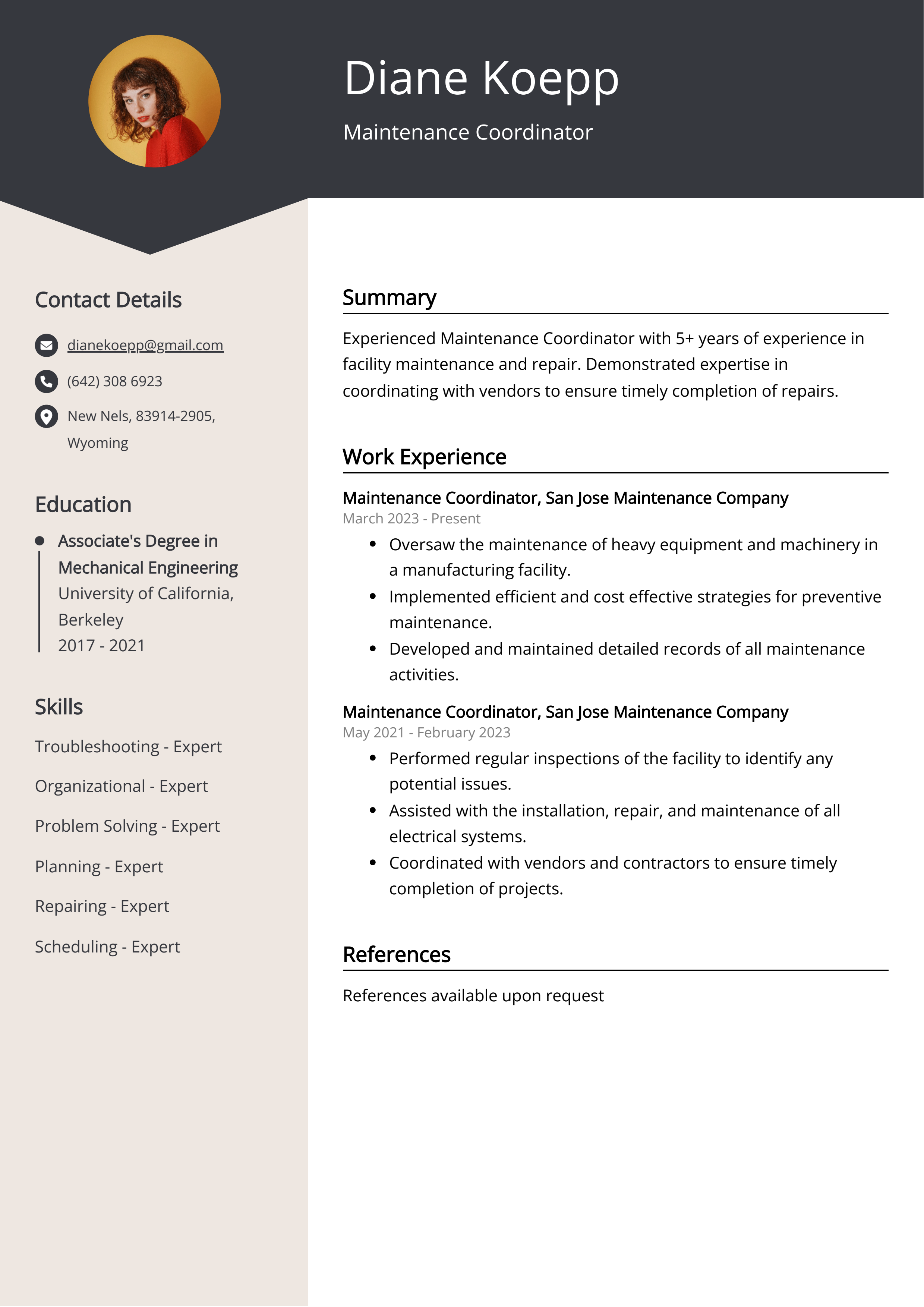 Maintenance Coordinator Resume Example