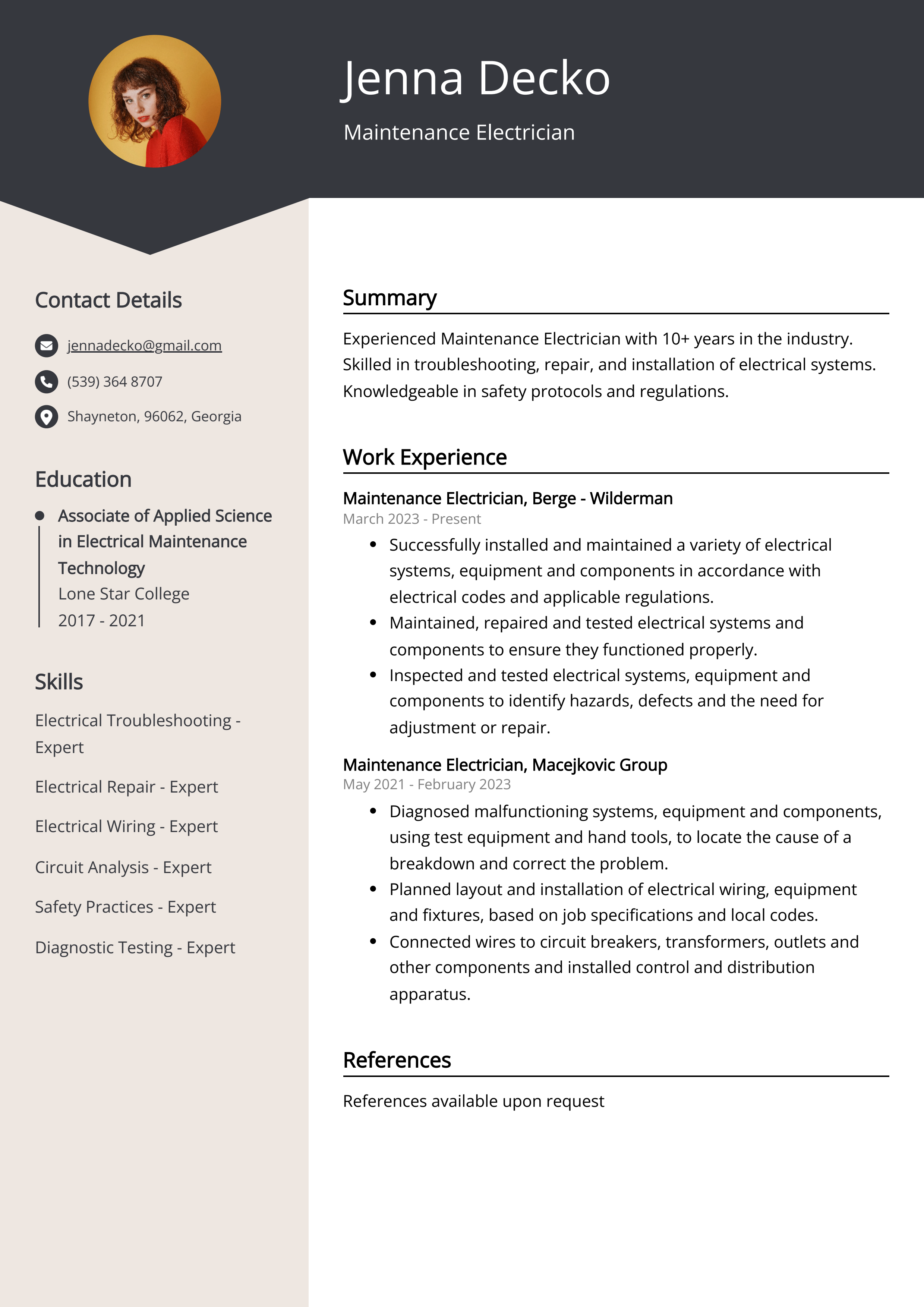 Maintenance Electrician Resume Example