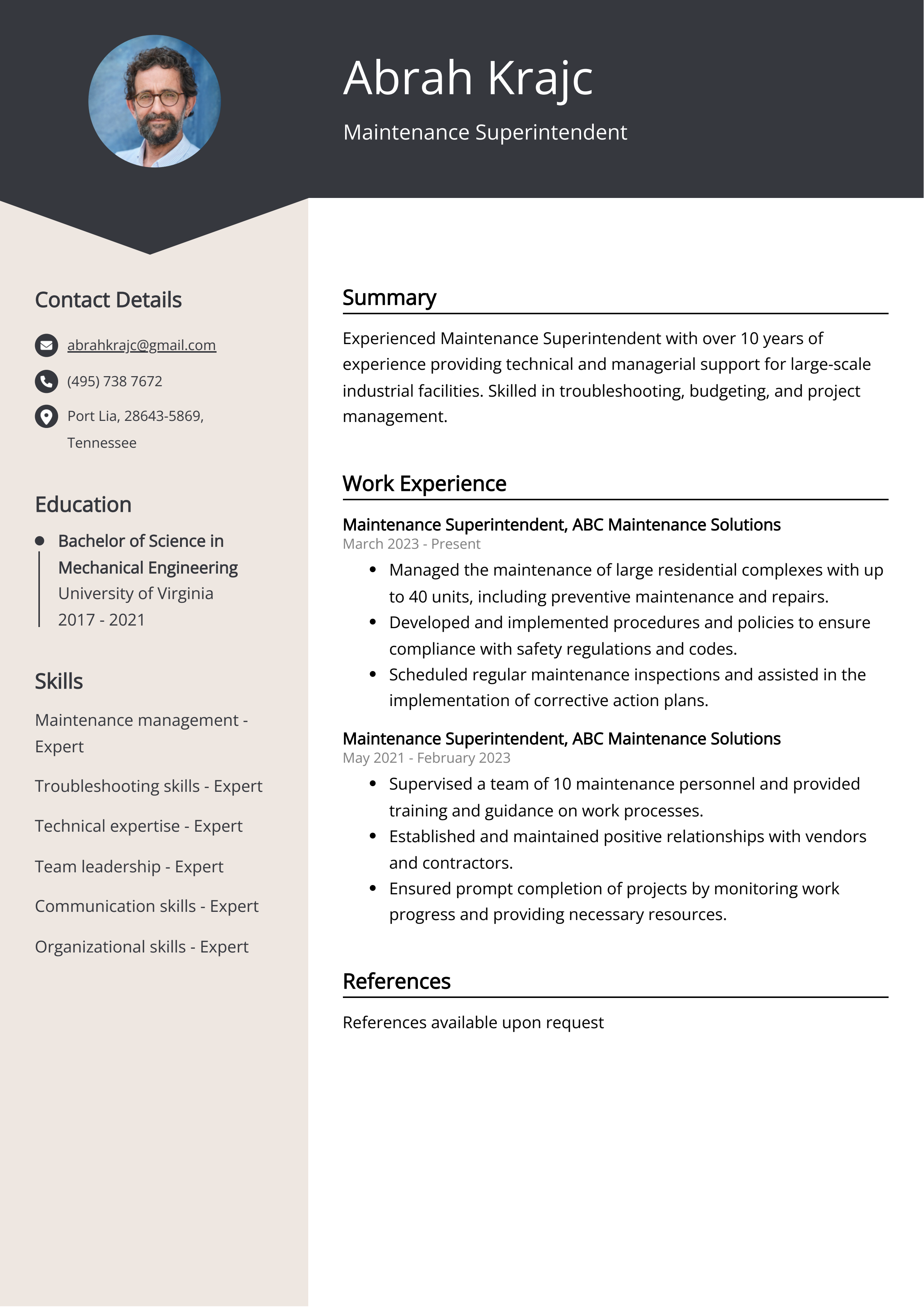 Maintenance Superintendent Resume Example