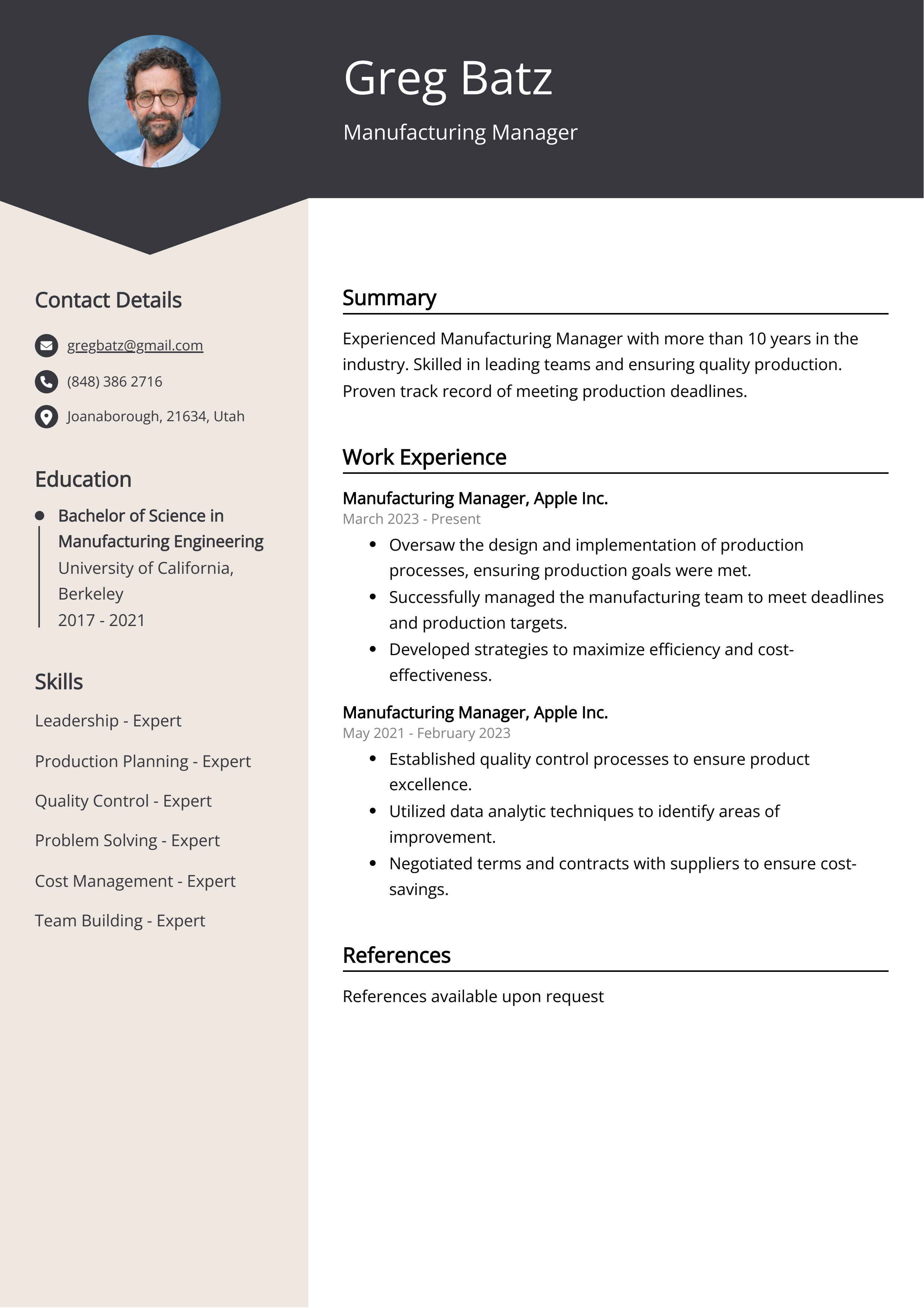 Manufacturing Manager Resume Example