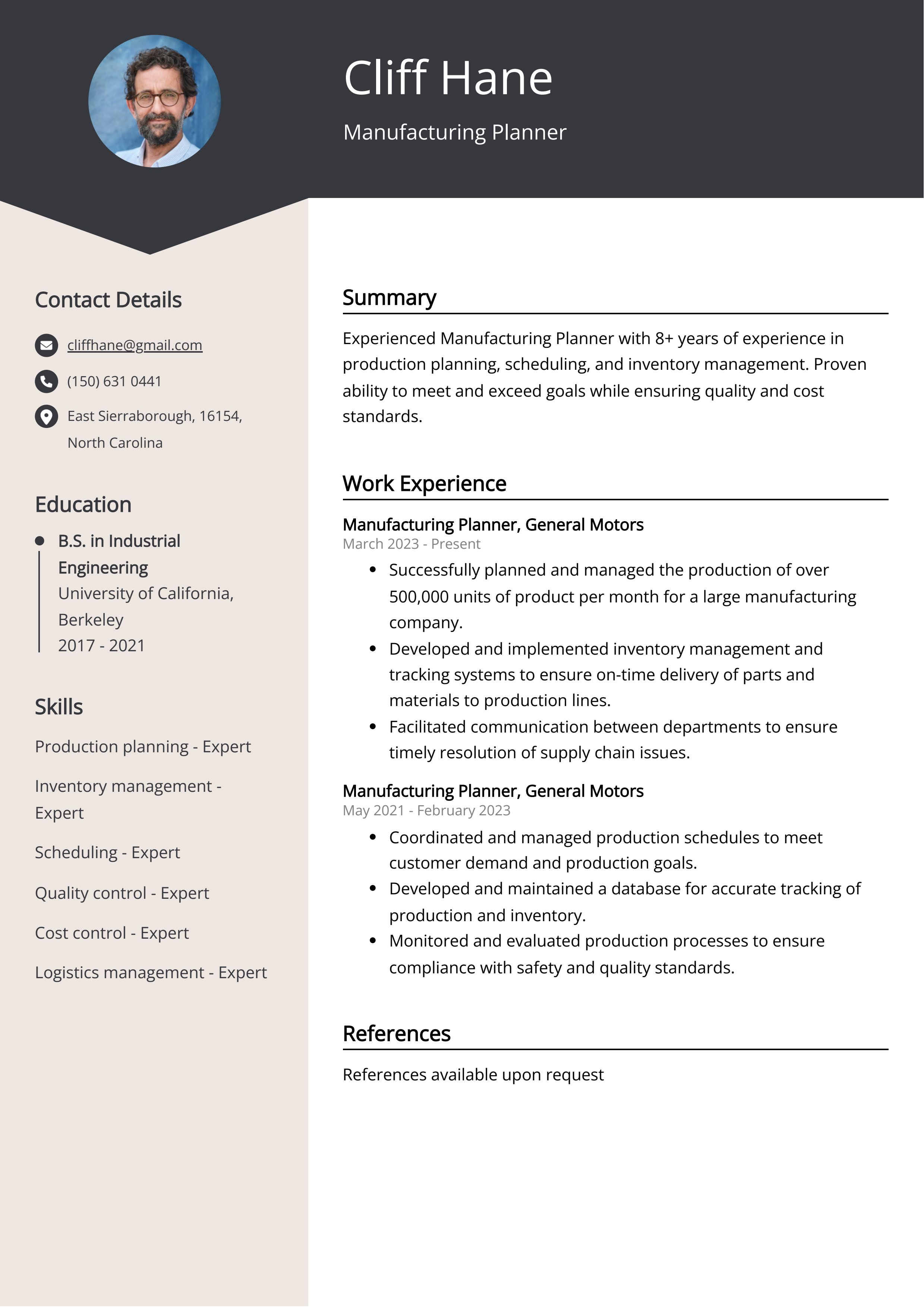 Manufacturing Planner Resume Example